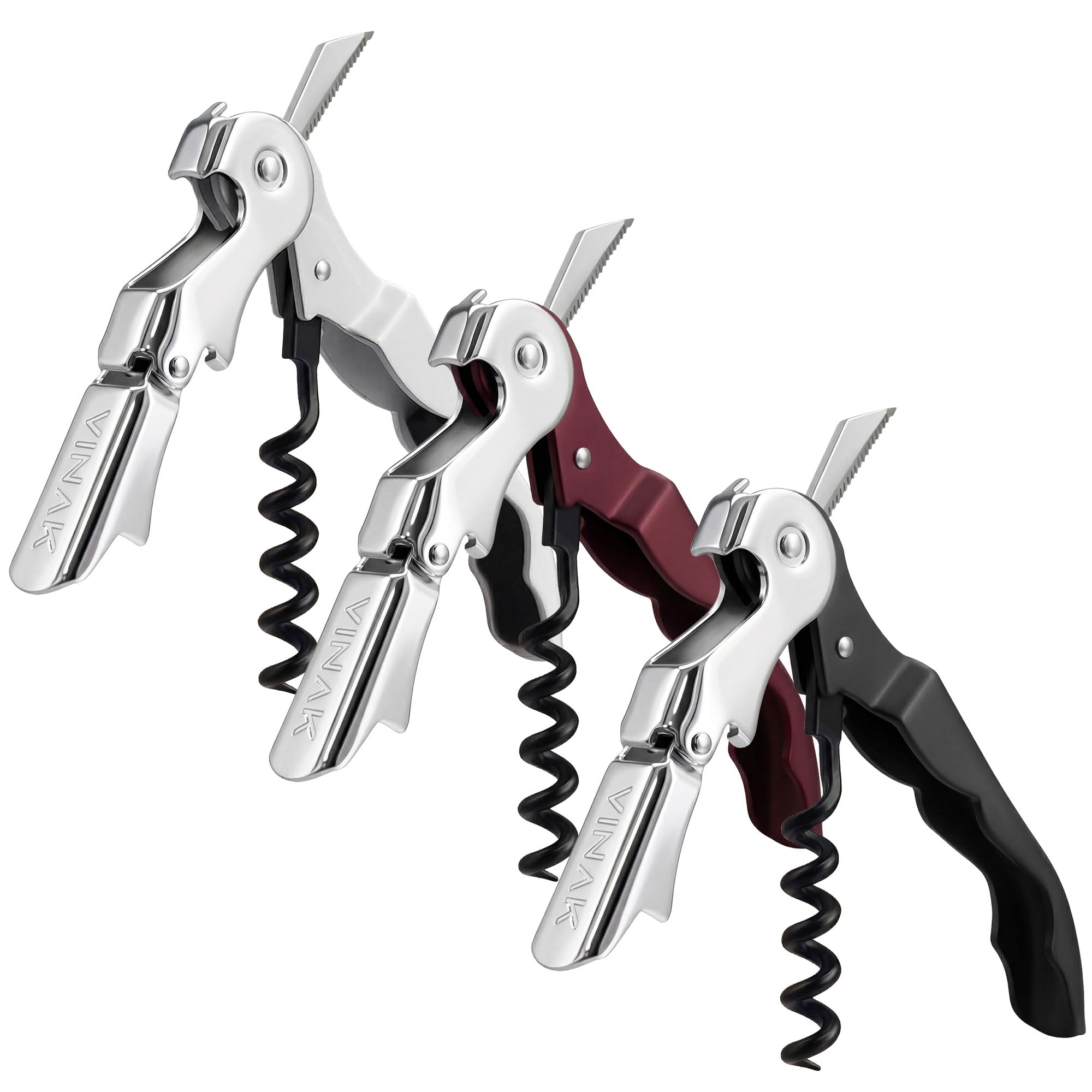 VINAK Pack de 3 sacacorchos camarero profesionales ECO en acero inoxidable con abrebotellas, doble apoyo articulado, navaja cortacápsulas y espiral teflonada. (Pack 3 unidades) (SEC01XX)