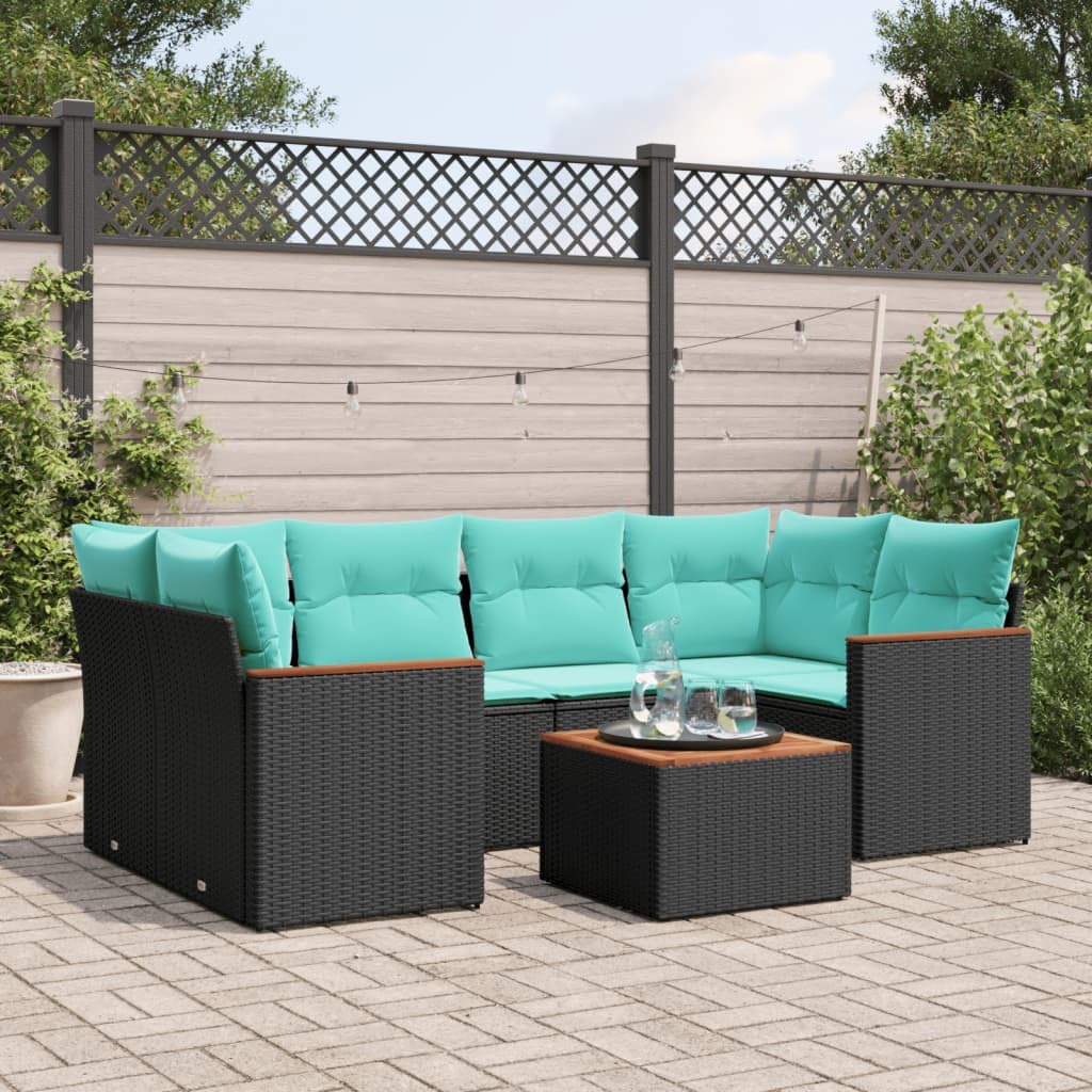 Set Divani da Giardino 7 pz in PE Rattan Nero con Tavolo | Salotto modulare per terrazzo e patio con cuscini blu sfoderabili e telaio in acciaio per momenti di relax all'aperto.