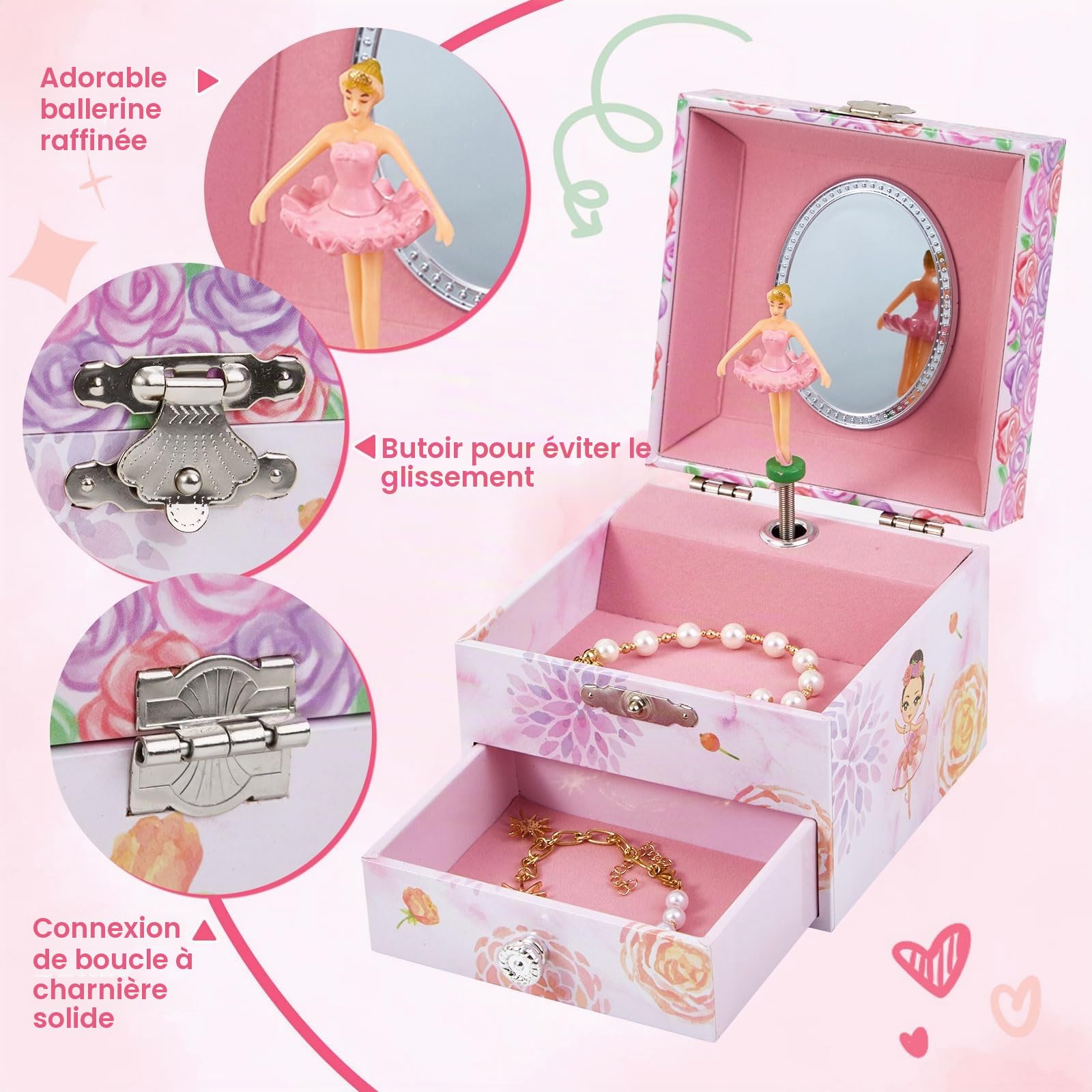 Boîte à bijoux musicale pour filles avec tiroir coulissant et ballerine rotative, jolie boîte à musique pour enfants, choix de cadeau pour les petites filles âgées de 3 à 12 ans