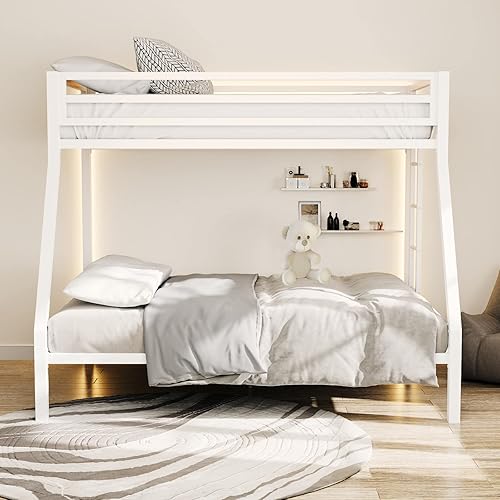 Miniatura 3 de ikalido Metal Loft Bunk Bed Twin Over Full Size with Safety Guardrail and Ladder, No Box Spring Needed Space Saving Bedroom Furniture, Cream White