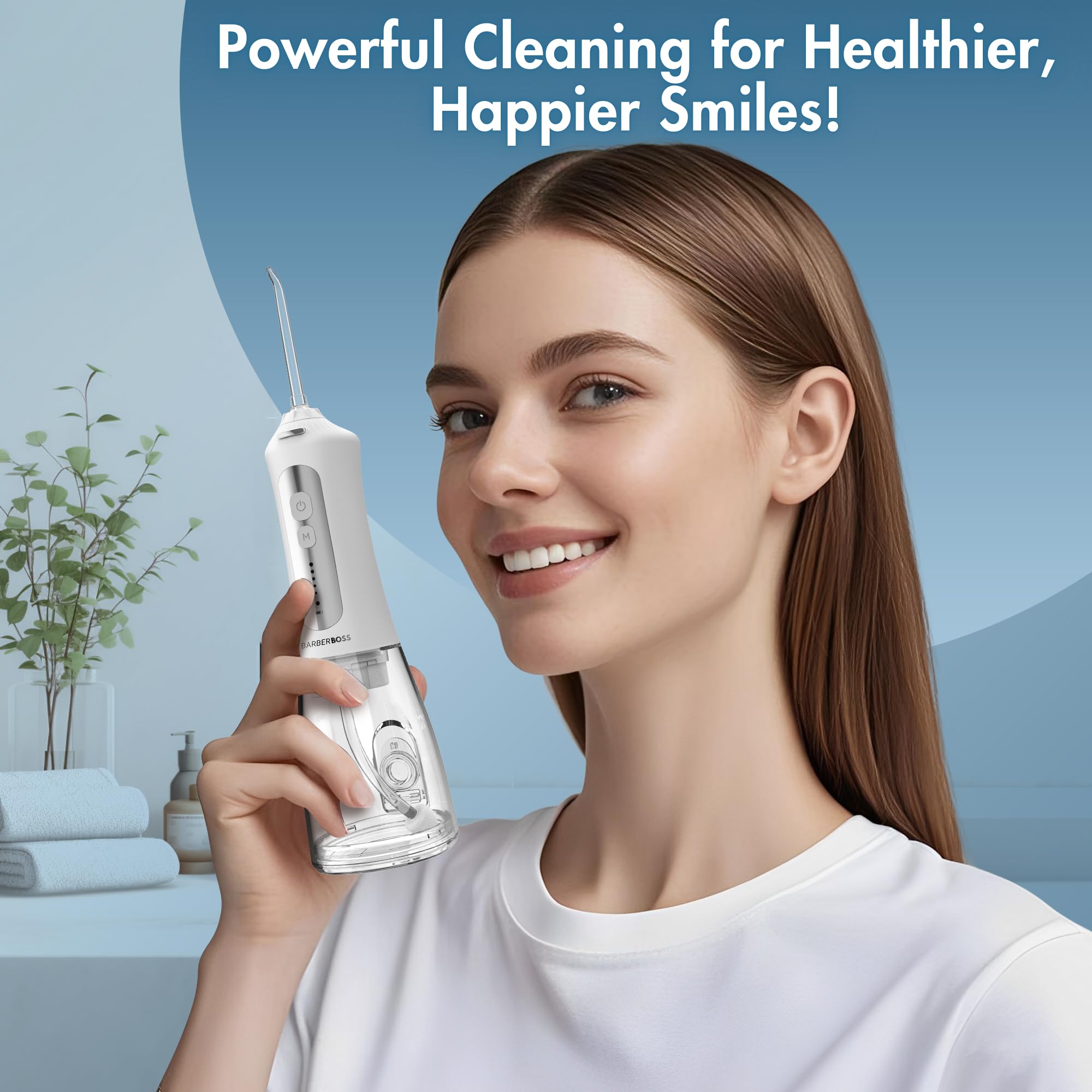 BarberBoss Irrigador Bucal Eléctrico, Limpiador de Dientes, 5 Boquillas, QR-7024 Blanco