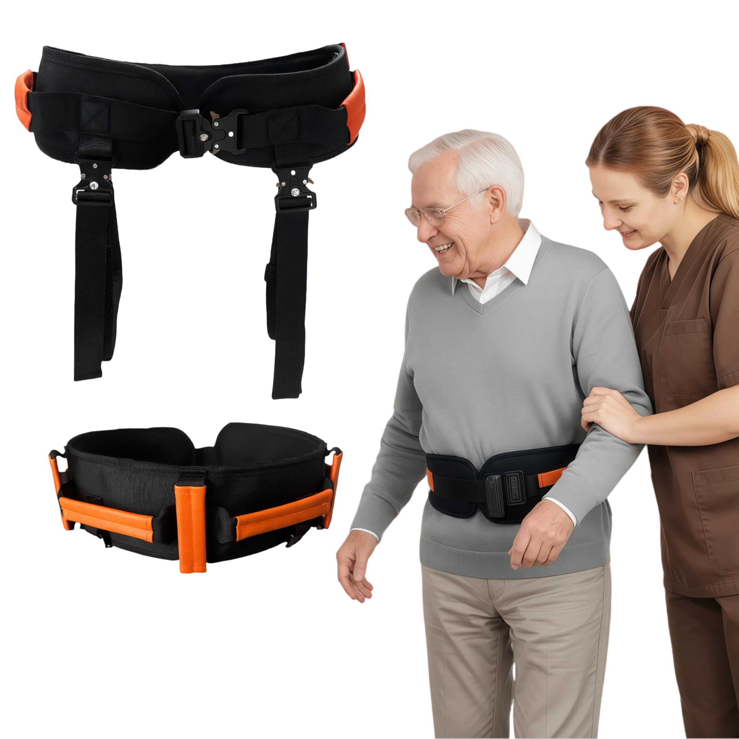 Cintura di Trasferimento con Fibbia in Metallo e Cinghie per le Gambe, 7 Maniglie, Ausilio per Sollevamento e Spostamento, Supporto alla Deambulazione per Anziani e Adulti (Arancione, M)