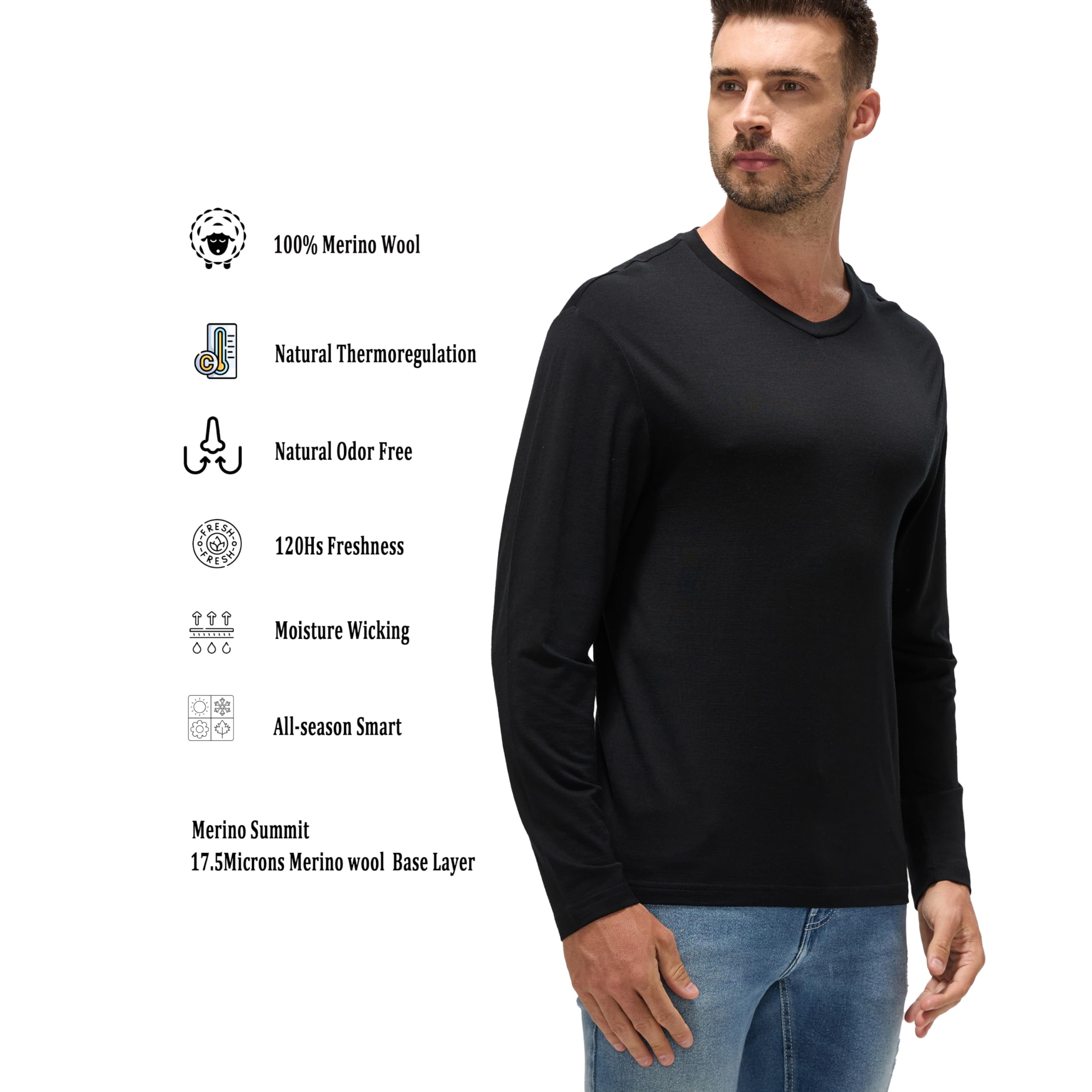 Men's Ultrafine 17.5 Micron Merino Base Layer | V-Neck Thermal Shirt, Moisture Wicking & Odor Resistant Black