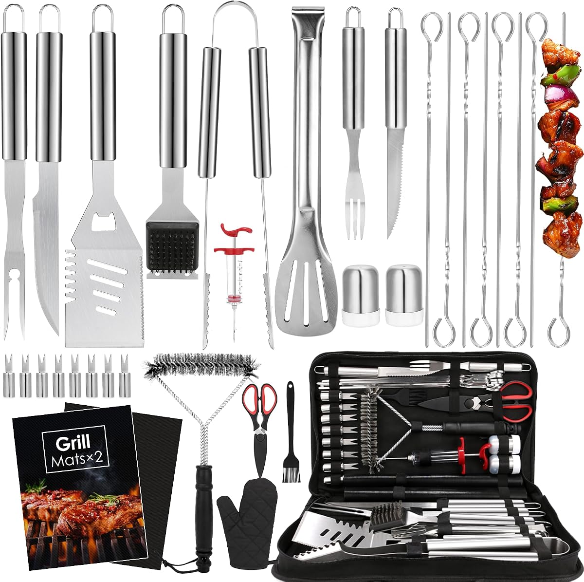 Juego de accesorios para parrilla, 34 piezas de herramientas de parrilla resistentes, plata | Para acampar al aire libre, regalos de parrilla para papá, día del padre, kit de utensilios de barbacoa de acero inoxidable, incluye tapetes y guantes