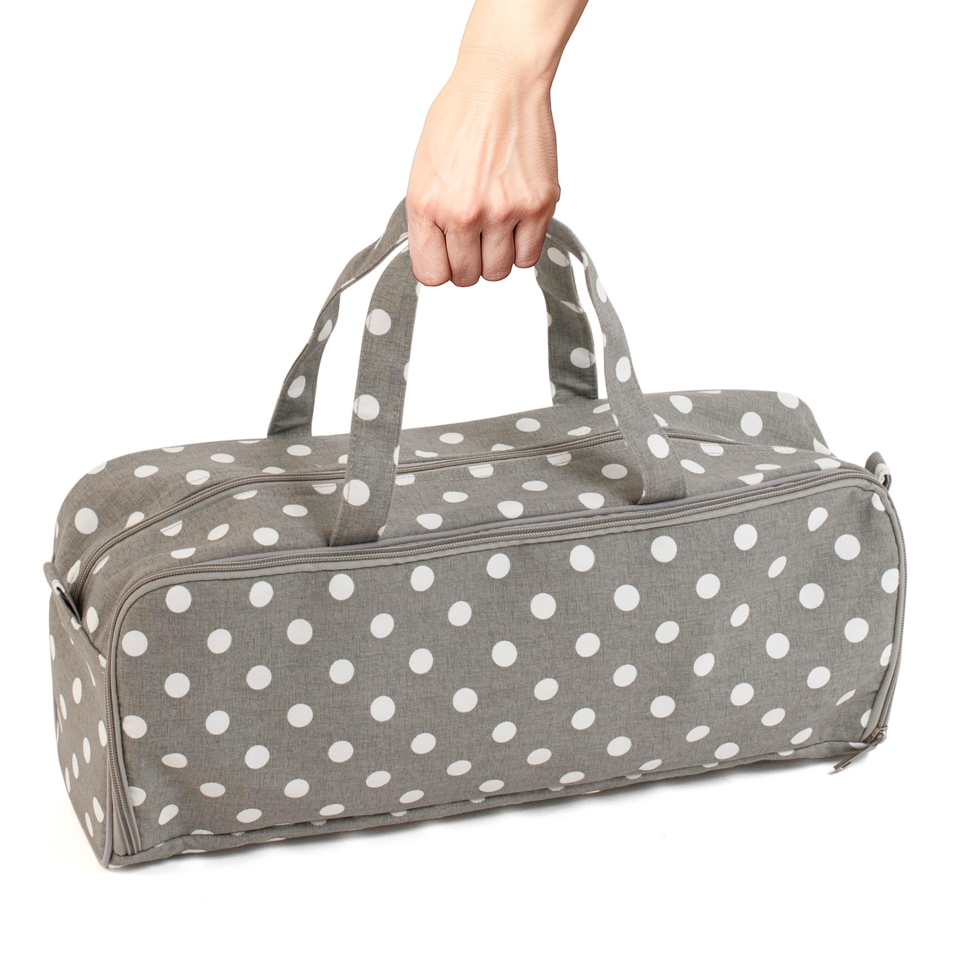 Hobby Gift Borsa Media per Maglia - Borsa Organiser per Uncinetto in 100% Cotone Morbido con Custodia per Ferri con Zip, Foro per Filato, Porta Filato e Doppi Manici - 13 x 45 x 18 cm, Pois Grigi