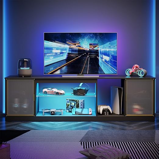 Bestier LED TV Stand for 65/75 inch TV, 70 inch Entertainment Center with Acrylic Doors & Adjustable Glass Shelf, Gaming Console Cabinet for PS5 Xbox, Media Console for Living Room, Black Carbon Fiber