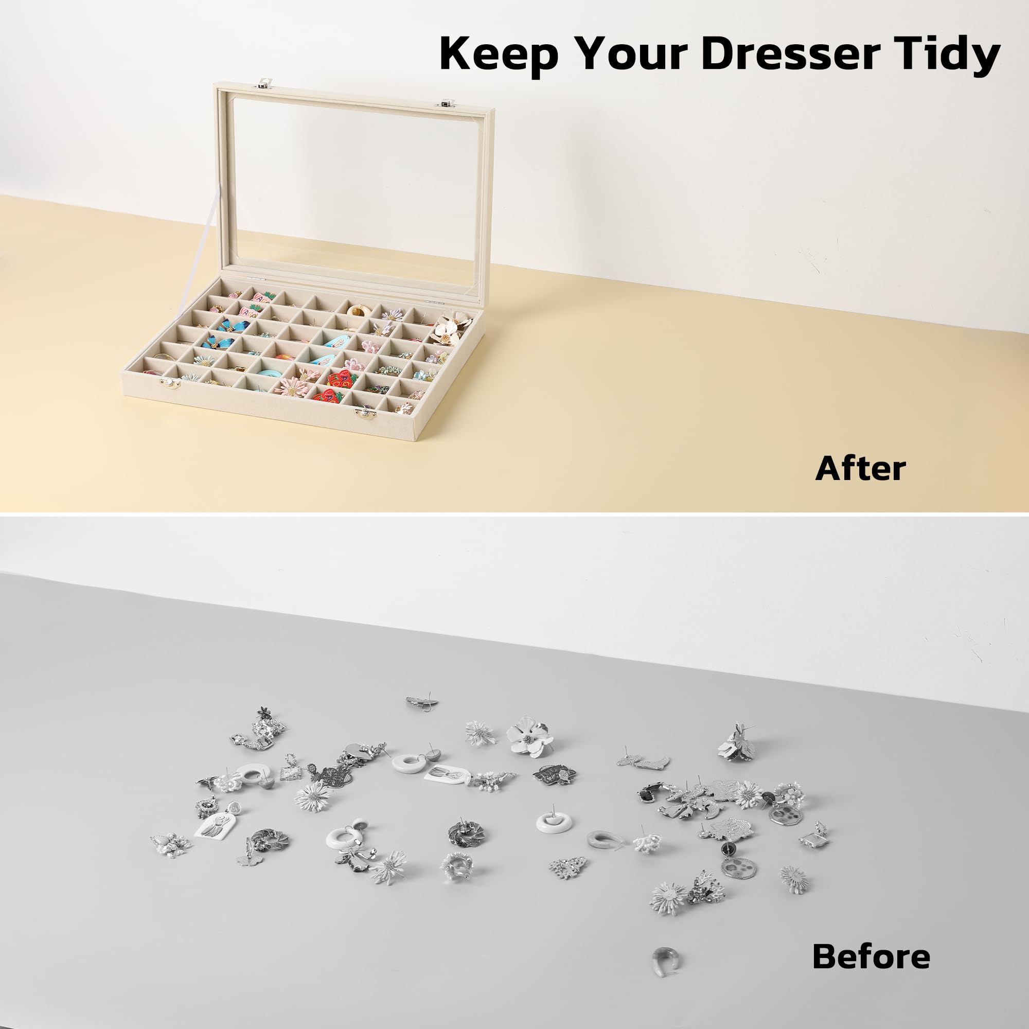Frebeauty Bandeja para joyas con 48 compartimentos, soporte ajustable para pendientes con tapa de cristal, cajón de terciopelo, organizador de joyas para anillos (Beige)