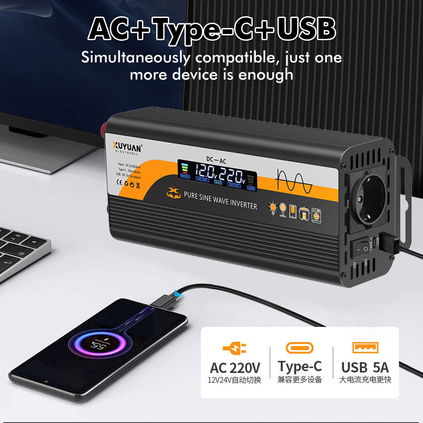 Convertitore di tensione 800W 12V/24V a 220V con presa europea e porta USB LCD