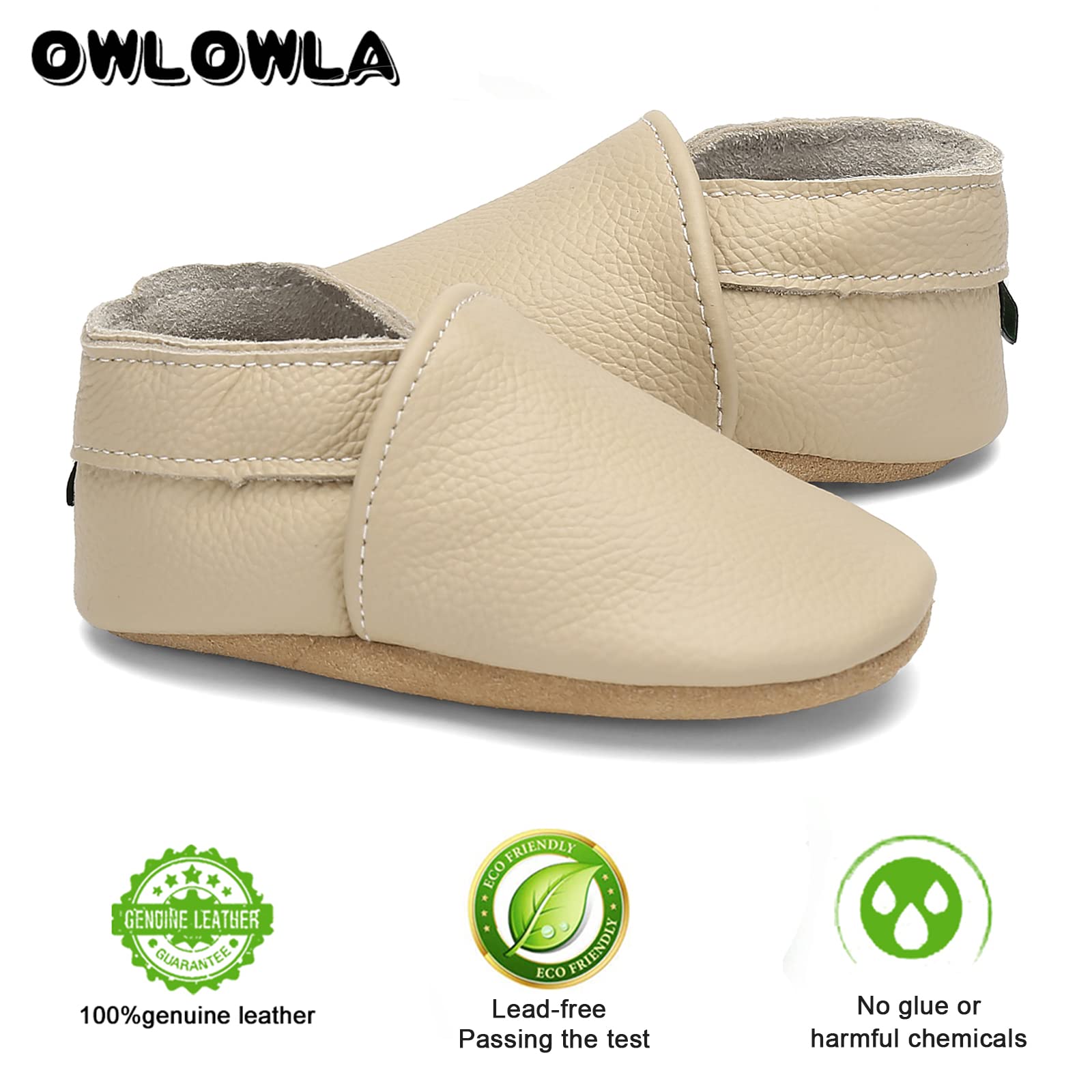 OWLOWLA Soft Sole Baby Shoes Leather First Walking Crib Slip-on Moccasins Infant Toddler Pre-Walker for Boy Girl(Beige,12-18months)