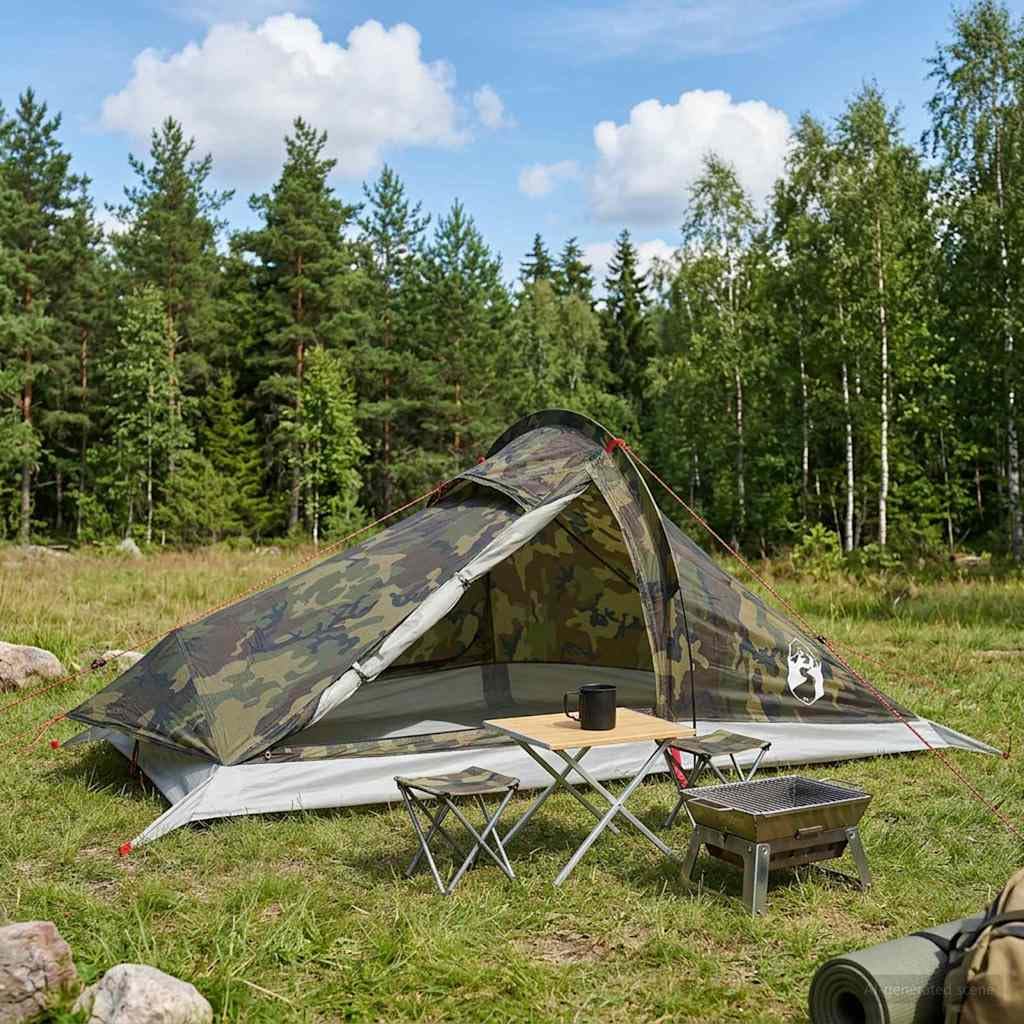 Namiot trekkingowy, kamuflaż dla 4 osób, wykonany z poliestru 185T, wodoszczelny, lekki, z drążkiem z włókna szklanego, na kemping, wędrówki, podróż, ochrona przed wiatrem i deszczem