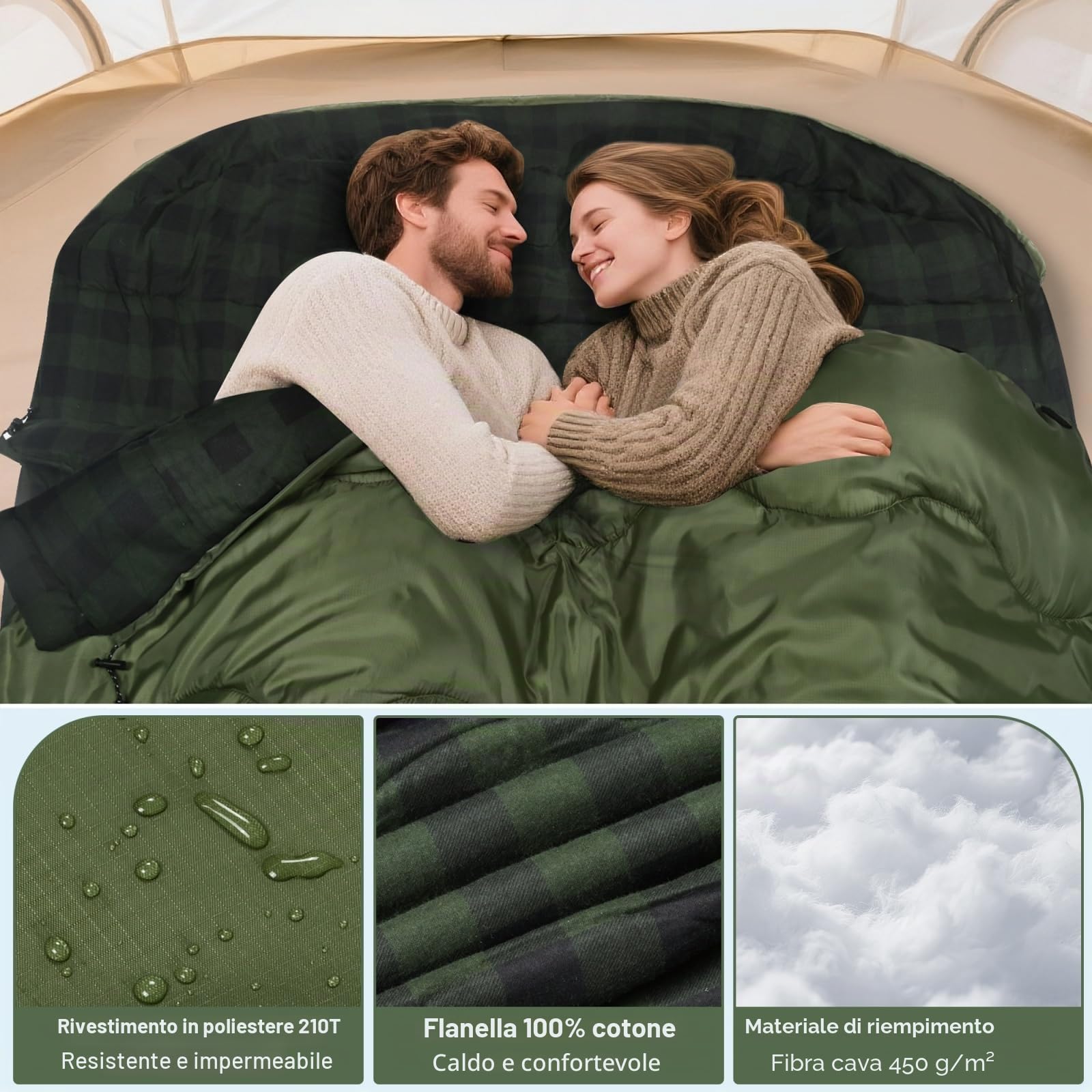 Inverno cotone doppio sacco a letto per adulti, sacco a letto in flanella Queen Size, tempo freddo impermeabile caldo 2 persona sacco a letto per coppie o campeggio in famiglia