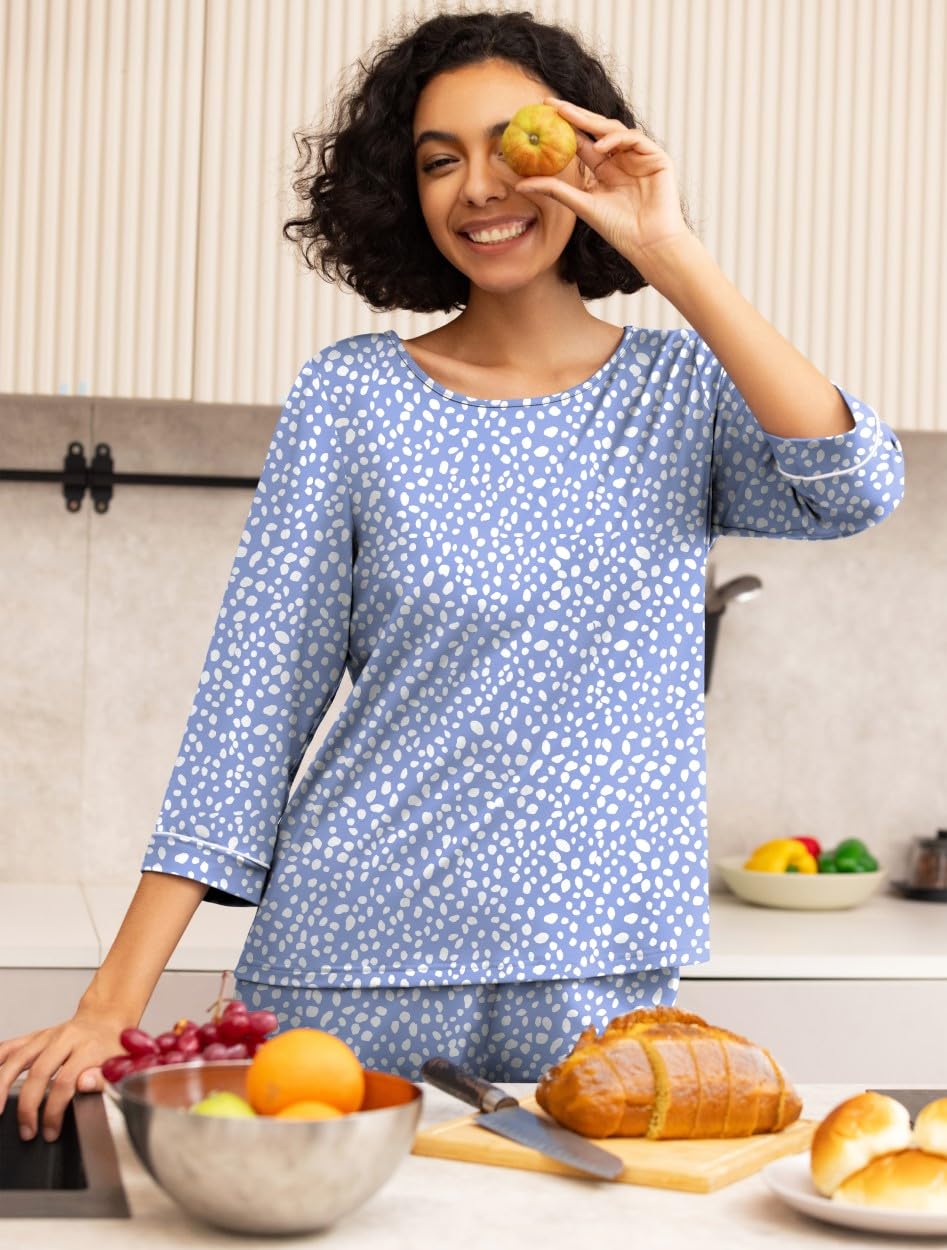 PrinStory Damen Pyjama Set Rundhalsausschnitt 3/4 Ärmel Nachtwäsche Loungewear Set Mit Taschen