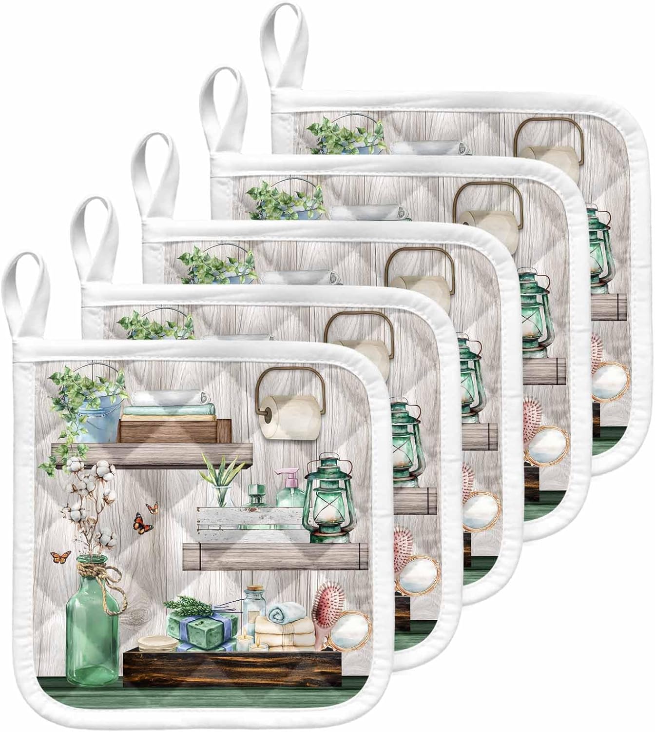 5 Pack Pot Holders for Kitchen, Green Gray Hot Pads for Kitchen Countertops Oven Pot Holder Bulk, Farmhouse Summer Botanical Wooden Heat Insulation Potholders with Hanging Loops