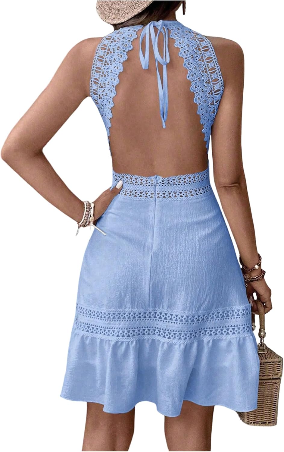 Floerns Women's Contrast Lace Sleeveless Halter Dress Backless Vacation A Line Dress