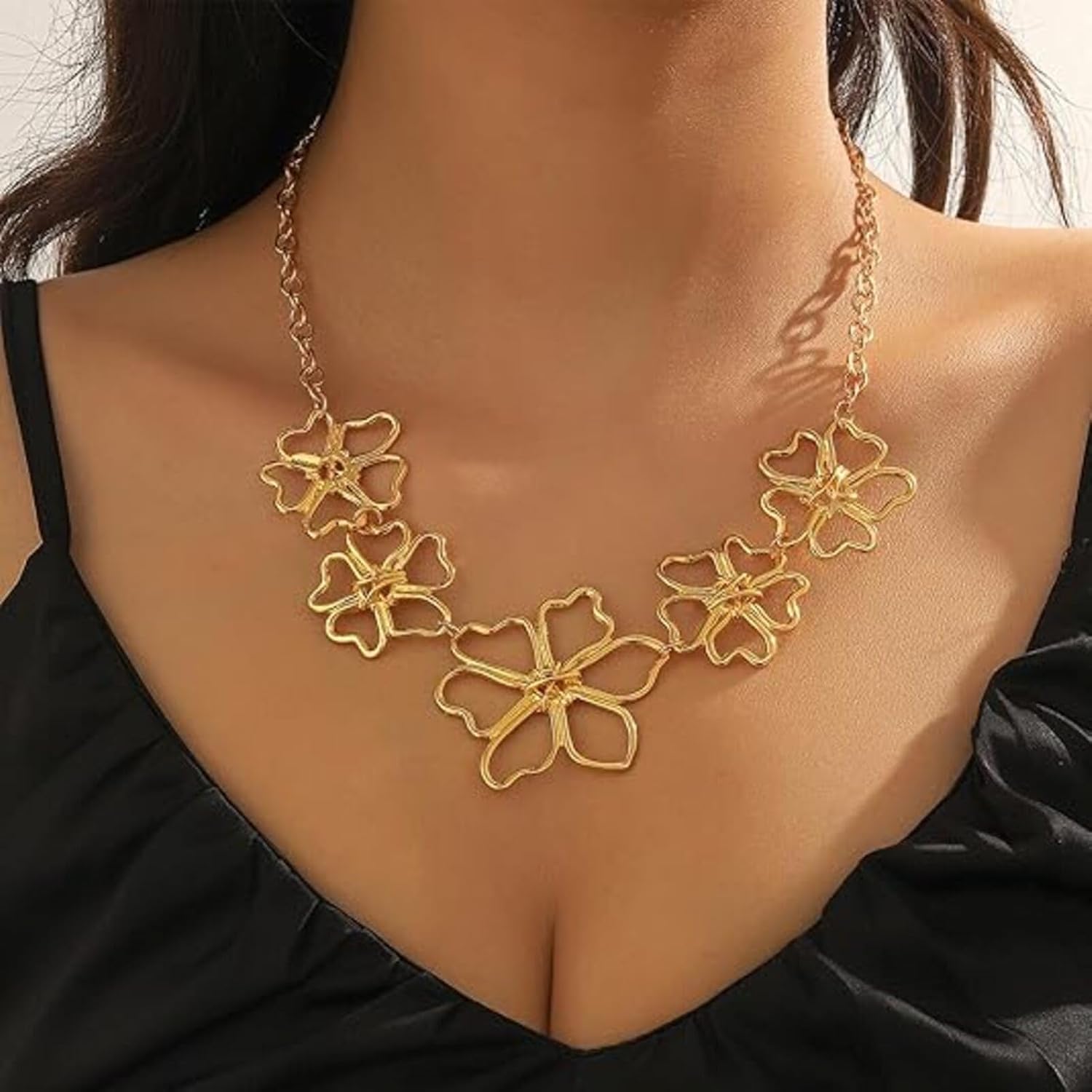 Gold Chunky Flower Necklace for Women Large Flower Necklace Chunky Floral Necklace Adjustable Chunky Blossom Necklace Fashion Statement Jewelry - Image 4
