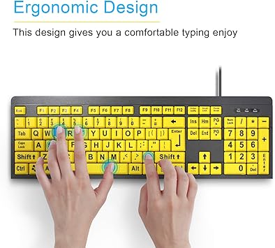 BOOGIIO Large Print Computer Keyboard, Wired USB High Contrast Keyboard with Oversized Print Letters for Visually Impaired Low Vision Individuals (Yellow+Black)
