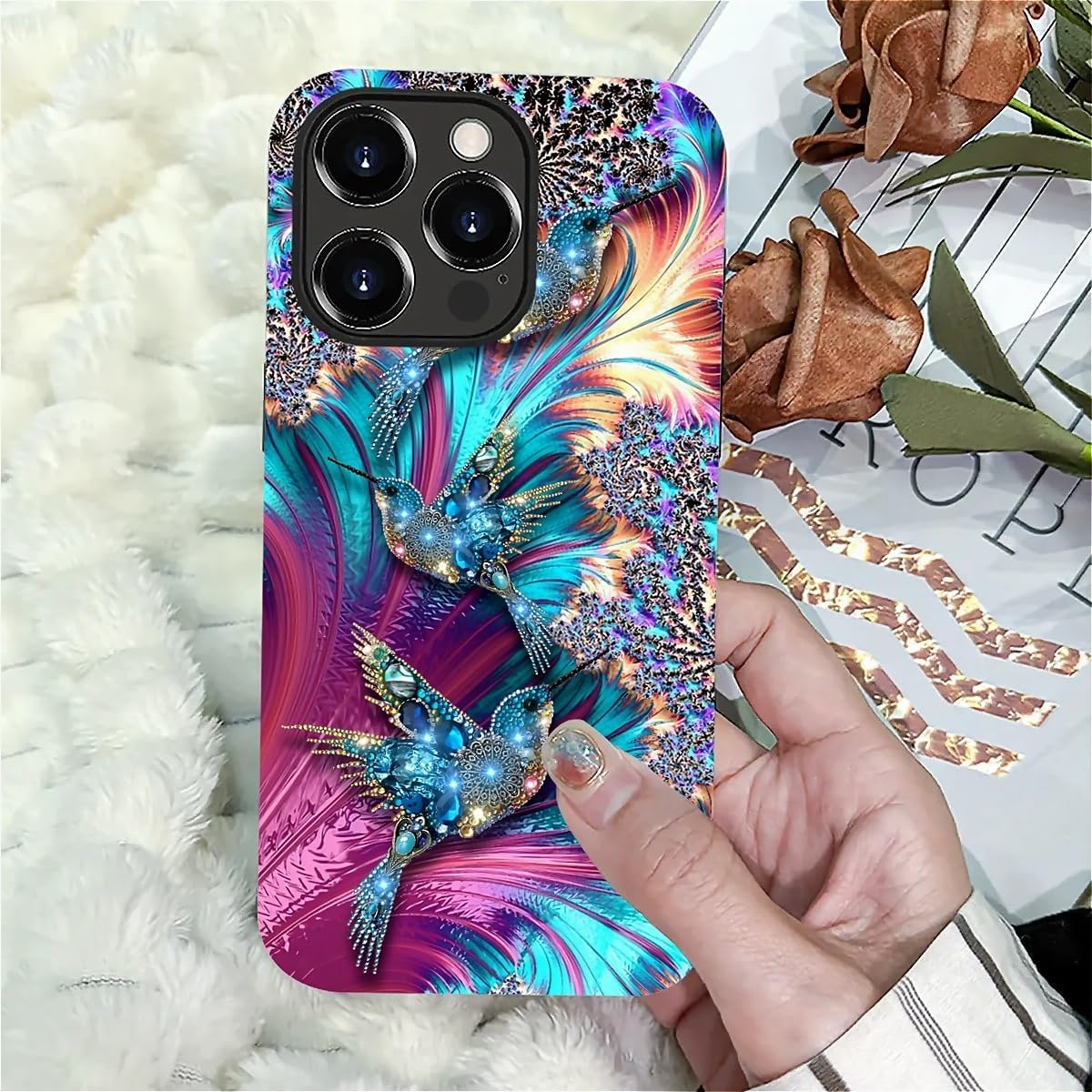 for iPhone 15 Pro Case with 2-in-1 Glossy All Inclusive Anti Fall Doublelayer Protection Soft TPU+PC Back Pattern Case Compatible with iPhone 15 Pro 6.1inch for Women Diamond Bird - Image 5