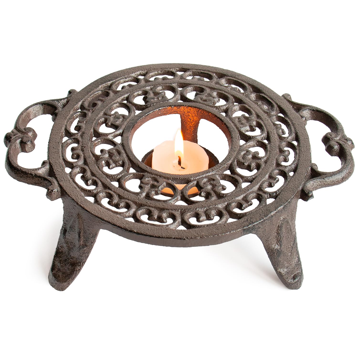 9 Inches Cast Iron Teapot Warmer Dish Cups Trivet,Round-Shaped Double Eared Design with Tealight Holder - Heavy Duty &amp; Decorative Candle Holder Stands for Heat Food Coffee Milk or Tea