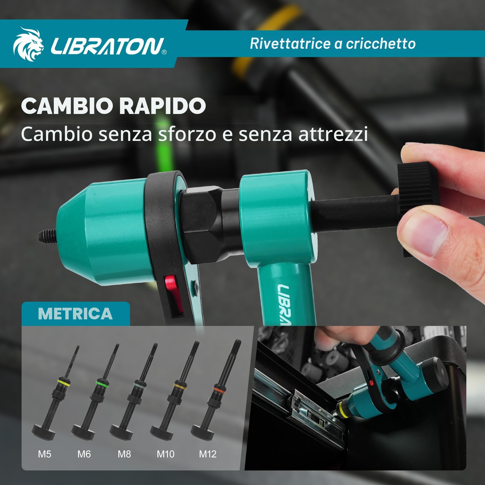 LIBRATON Rivettatrice per Inserti Filettati, Rivettatrice Manuale Inserti Filettati, Rivettatrice Filettati a Cricchetto, Filetti Pinza con 5 Mandrini Metrici, 5 Ugelli, 50 Rivetti Dadi, Scatola