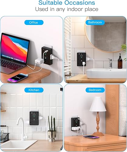 Miniatura 7 de HANYCONY - Extensor de salida de protección contra sobretensiones con puertos USB C, regleta de alimentación de 3 lados con divisor de 8 salidas y 3