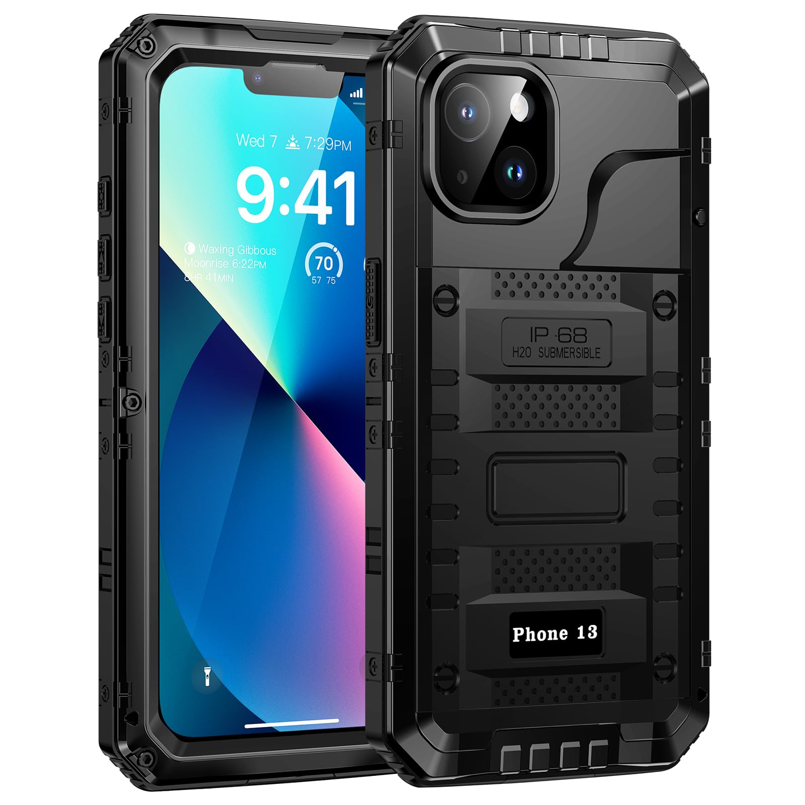 Lanhiem Cover per iPhone 13 IP68 Impermeabile, Metallo 360°Completa Waterproof Case con Protezione Schermo, Militare Antiurto Armor, Subacquea Antipolvere Custodia per iPhone 13, Nero