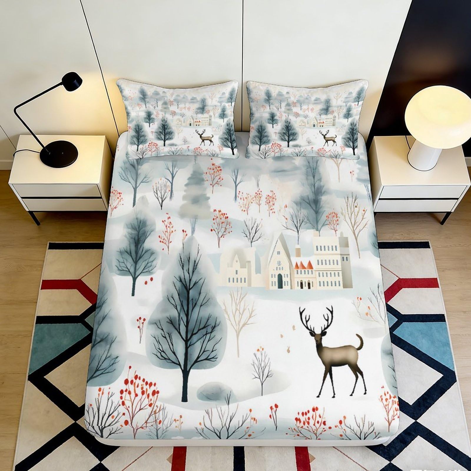 Uxinyoume Style-5 3D Printed Winter Forest Fitted Sheet Microfiber Soft Deer Landscape Bed Cover For Bedroom Guest Room Decor 90X200x25cm