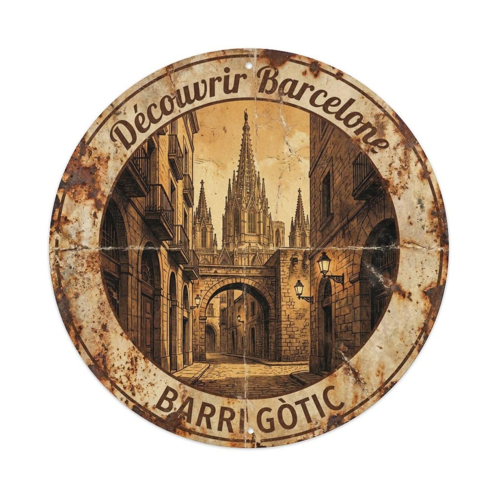 Gothic Cathedral Barcelona Vintage Historic Travel Landmark Metal Tin Sign Plaque Wall Decor for Cafe, Man Cave, Club Bar, Office, Home Garden Round Metal Poster 8x8Inch
