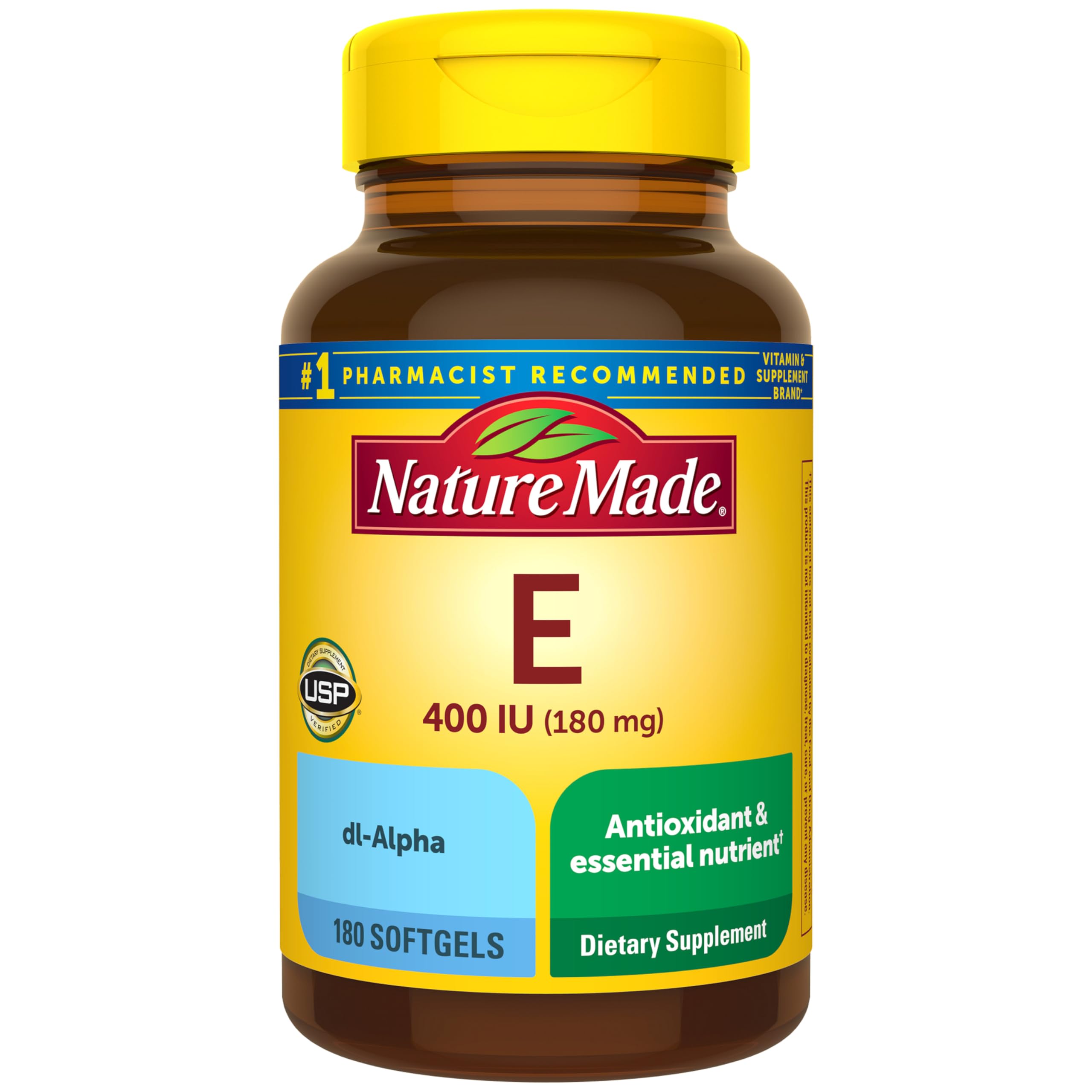 Nature Made Vitamin E 180 mg (400 IU) dl-Alpha, Dietary Supplement for Antioxidant and Skin Support, 180 Softgels, 180 Day Supply