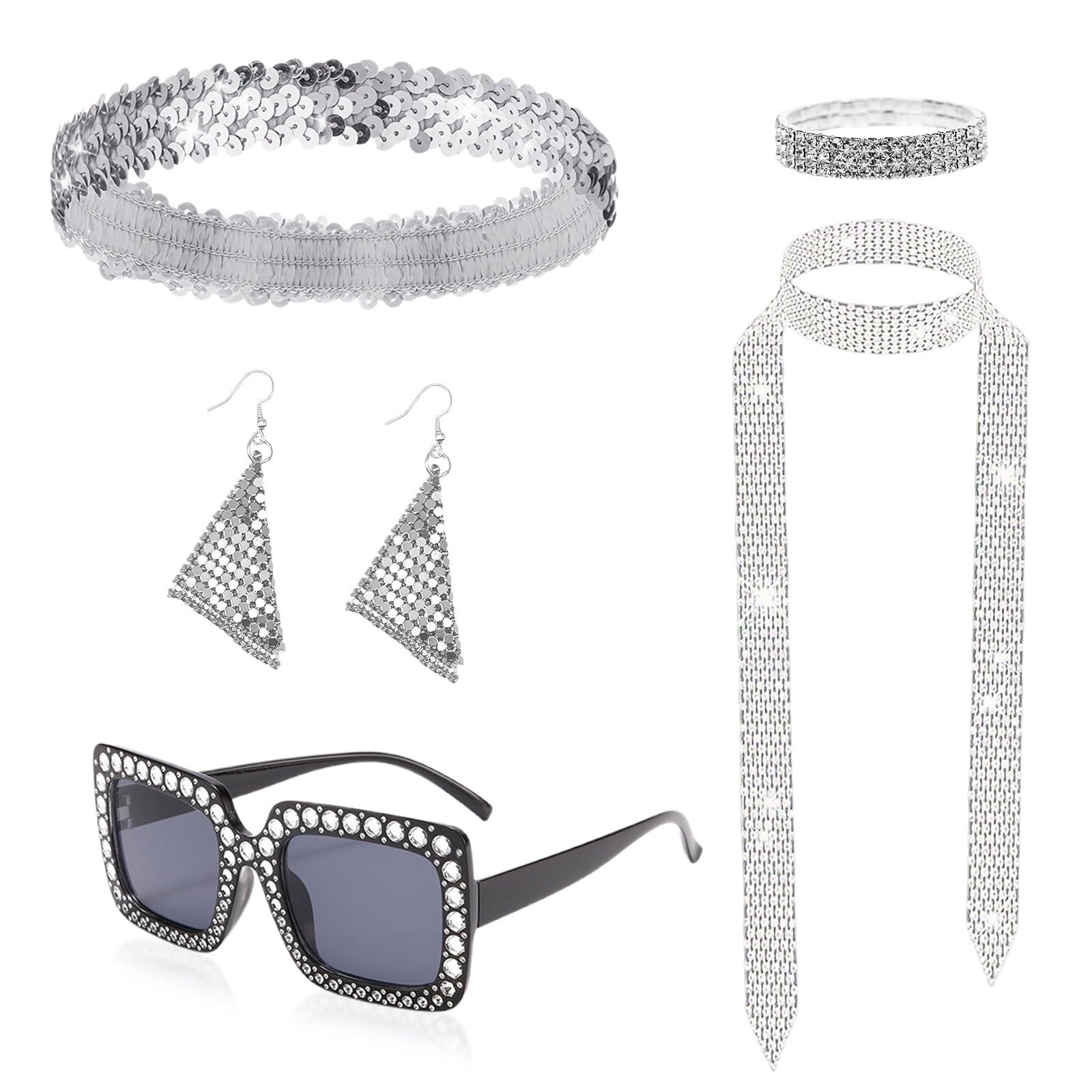 GYIOFAI 5 Pcs 1970s Disco Accessories Set, Sequins Scarf, Sequins Headband Bling Sunglasses Bracelet Earrings