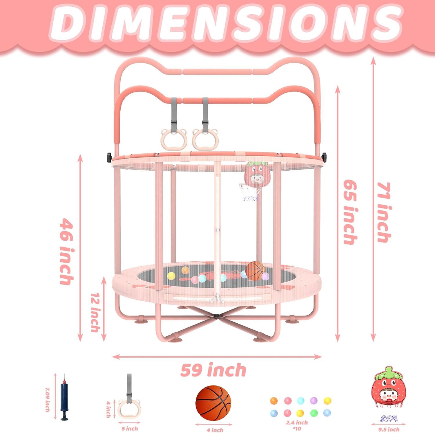 Gardenature 60" Kids Trampoline Indoor, 5ft Toddler Mini Trampoline with Basketball Hoop, Gymnastics Bar, Rings, Christmas Toys Birthday Gifts for Girls Boys Age 3-8, Pink - Image 3