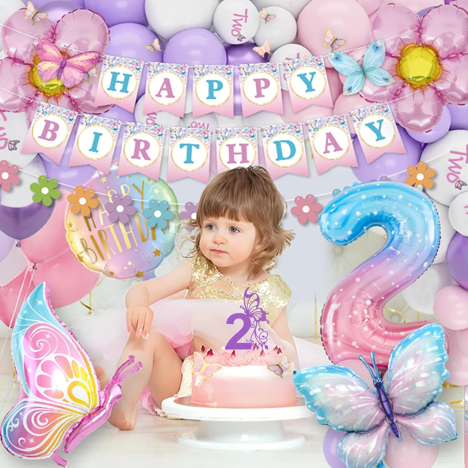2nd Birthday Decorations for Girl, 2 Year Old Bday Decor Girl Butterfly Bday Party Decor Pink and Purple Balloons Second Birthday Decoration - Image 4