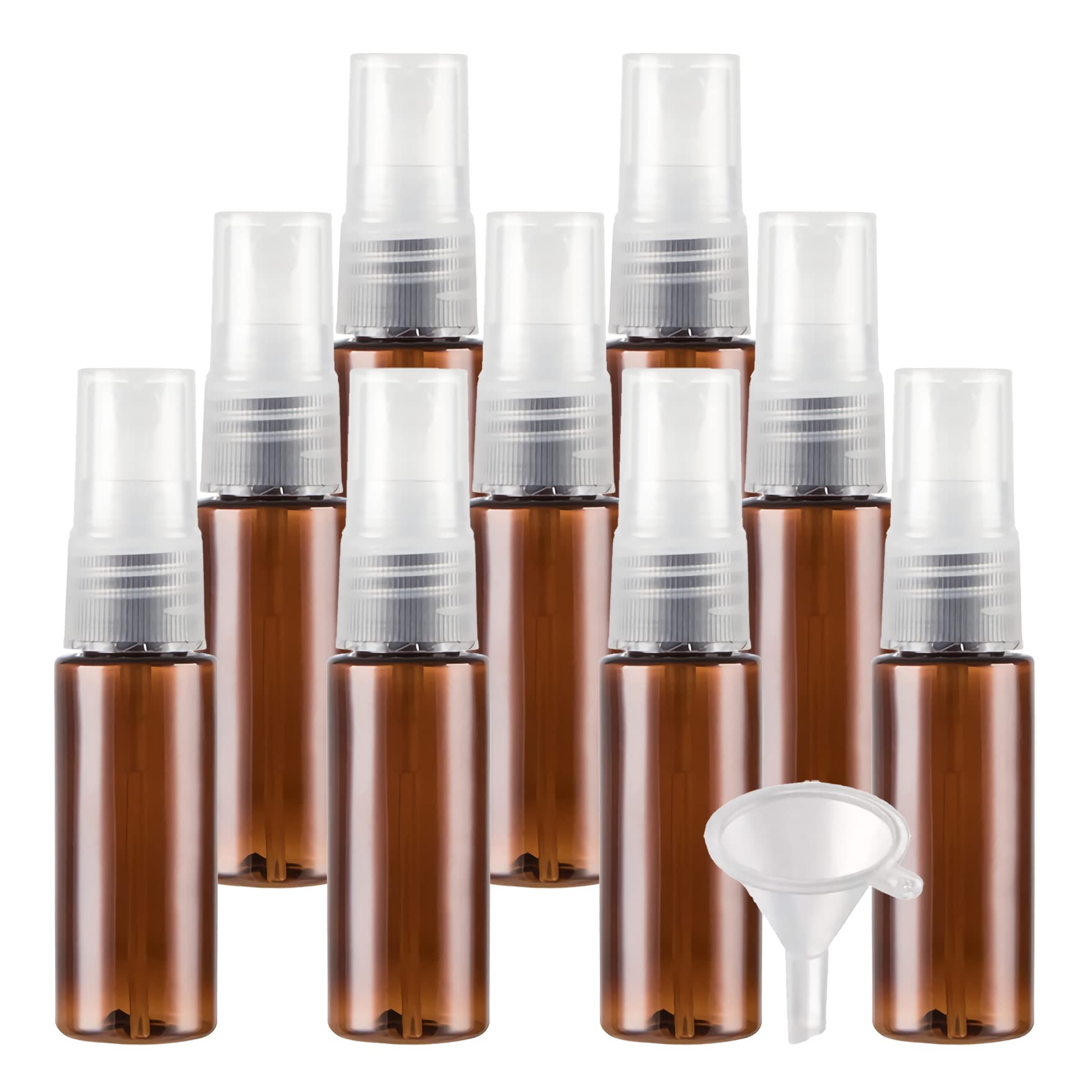 TIANZD 50 Stück Klein Leere Braun 20 ml Kunststoff Sprühflasche mit Transparent Zerstäuber Flasche, 20ml Feinen Nebel Pumpzerstäuber Parfümzerstäuber Zerstäuberflasche Reise Flakons, 3x Trichter