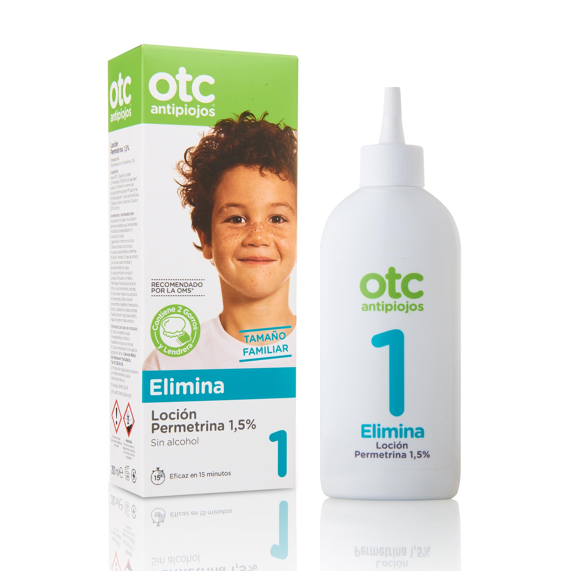 OTC Antipiojos Loción Permetrina 1,​5%, Elimina los Piojos y Liendres en 15 Minutos de Manera Efectiva, Incluye Gorro y Lendrera, Apto para Mayores de 2 Años, 200 ml