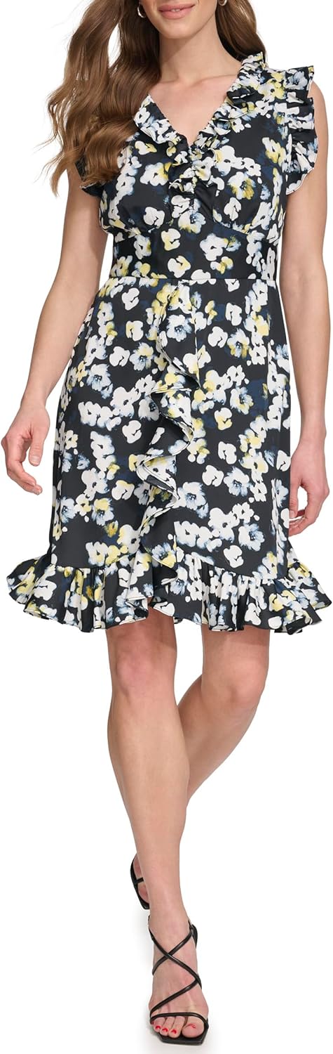DKNY Women's Flutter Short Sleeve V-Neck Ruffles Mini Asymmetrical Hem Dress - Image 2