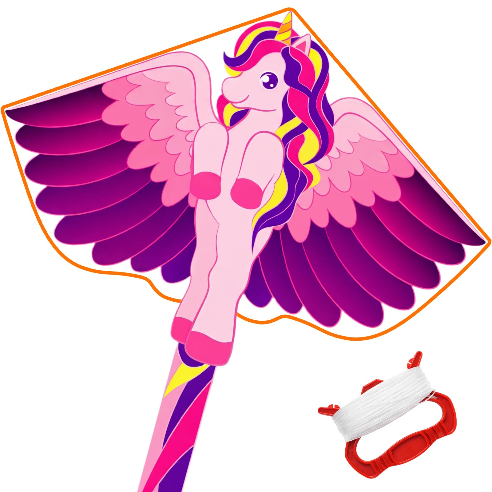 Vspek Large Unicorn Kite - Colorful Single Line Kite with Long Tail for Kids and Adults, Beginner-Friendly with Winding Handle and Line for Beach and Outdoor Activities, Magenta — image 1
