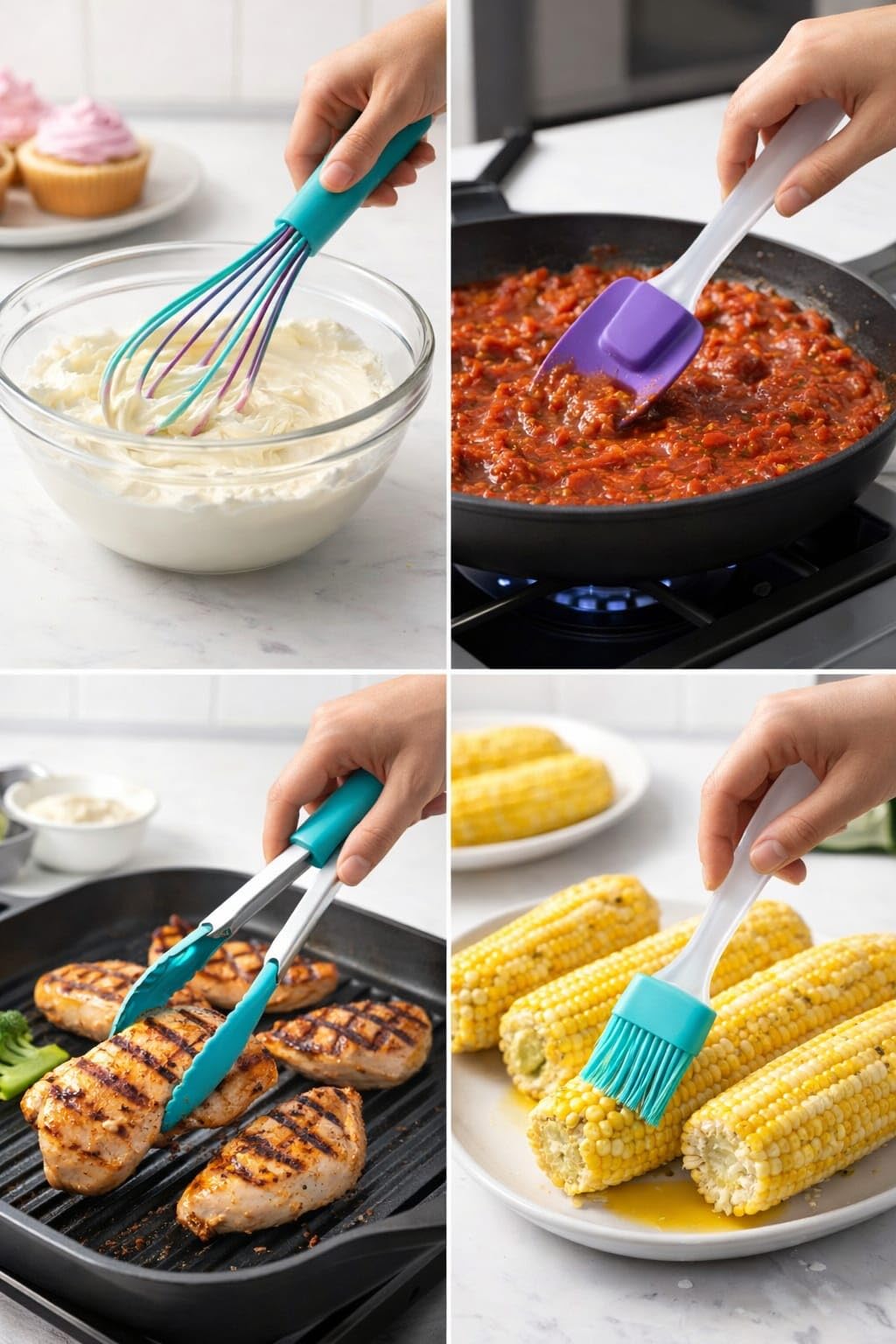 SİLİKON MUTFAK GEREÇ SETİ 4 PARÇA, ÇIRPICI, SPATULA, MAŞA, YAĞLAMA FIRÇASI, YAPIŞMAZ TENCERE TAVA UYUMLU, ISIYA DAYANIKLI, ERGONOMİK SAPLI,4’LÜ SİLİKON MUTFAK SETİ, SPATULA, ÇIRPICI, MAŞA, FIRÇA