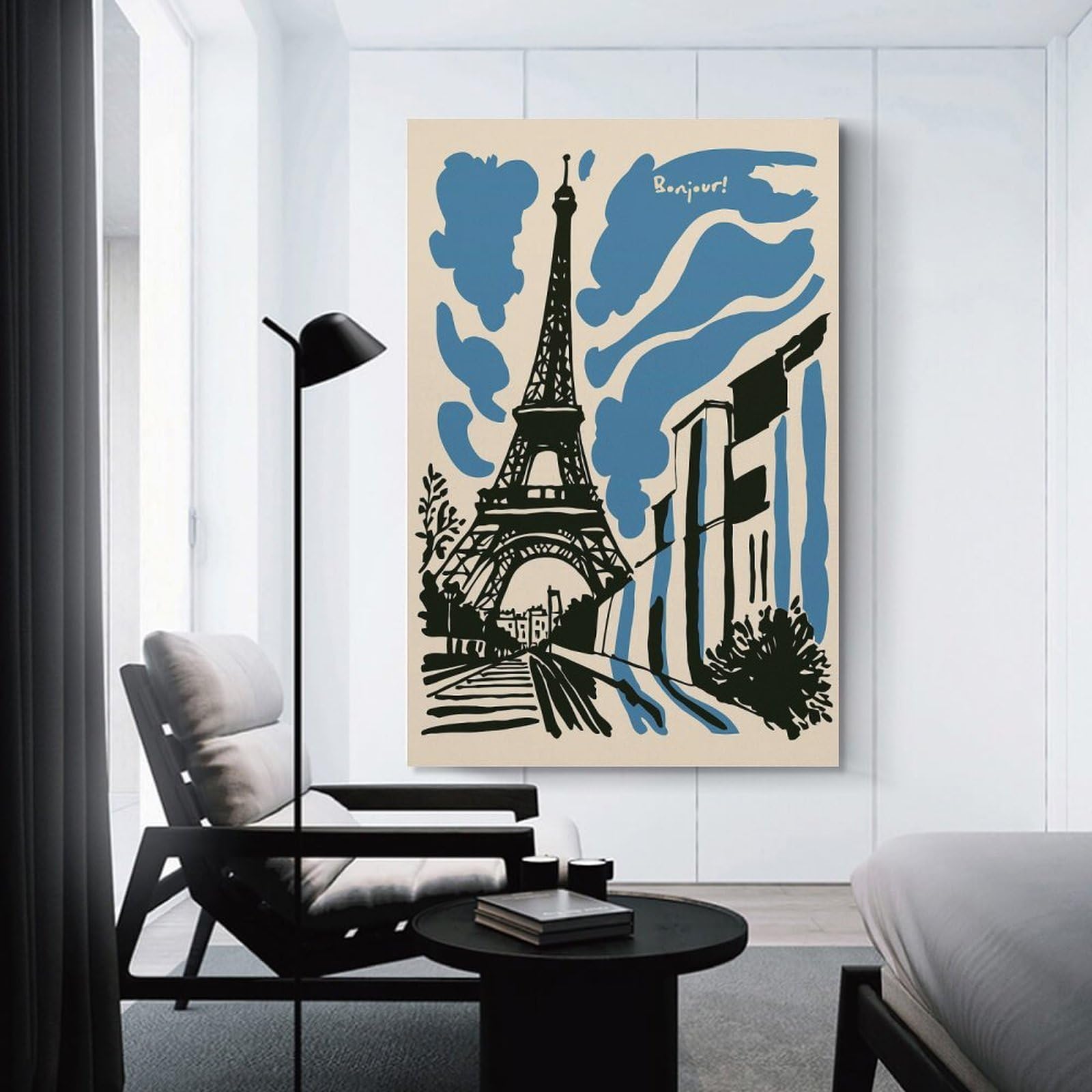 Junmoney Unframe-Style-8 Eiffel Tower Illustration With Bonjour Text Home Decor Wall Art, 16X24inch(40X60cm), For Apartment Walls, Studios Or Work Areas, Stylish Wall Art For Fresh Spaces