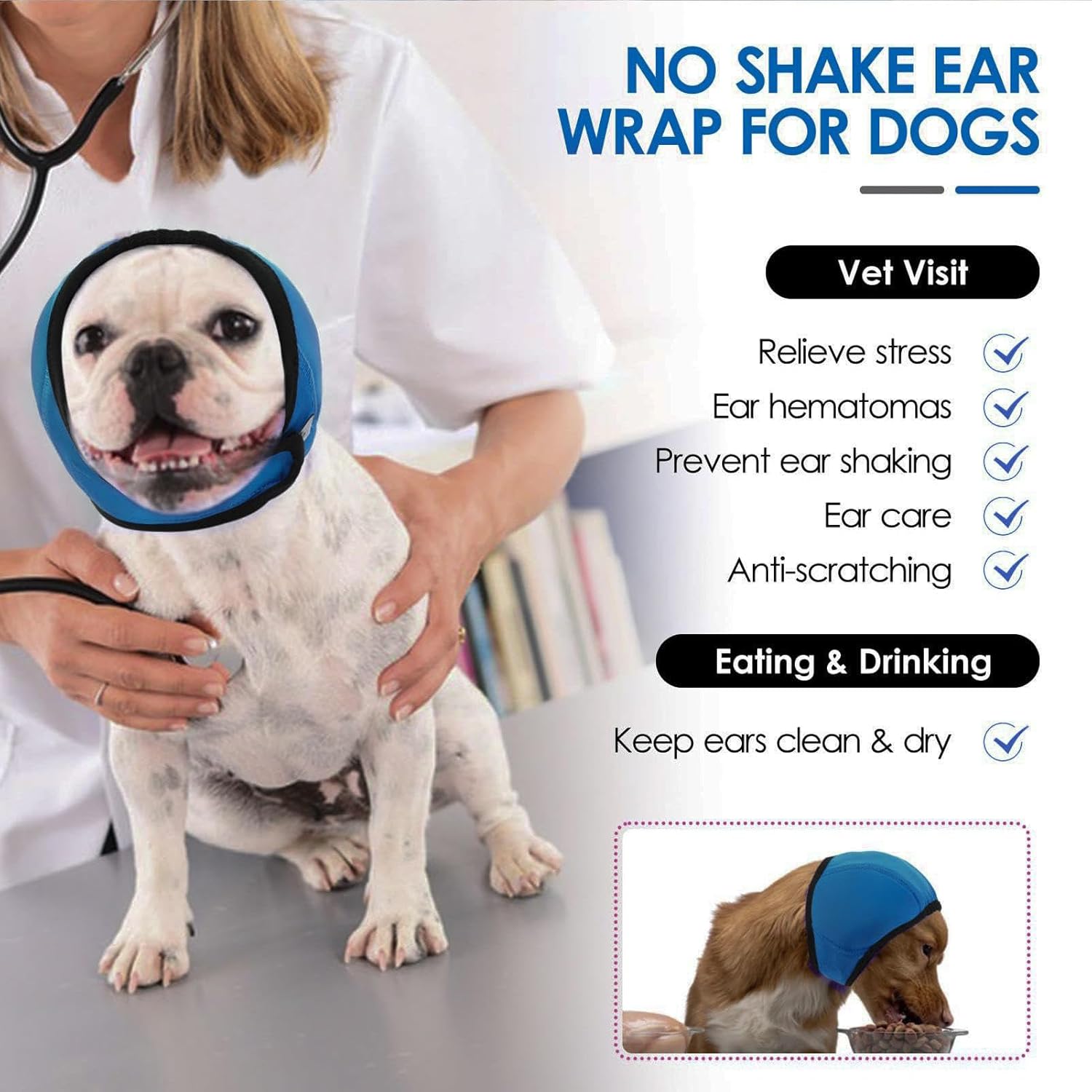 Loving PETS Dog Bath Set - Lick Mat for Anxiety Relief, Shampoo Massage Brush, Spatula, 4 Piece Kit with Earmuffs- Complete Grooming Kit (Blue)