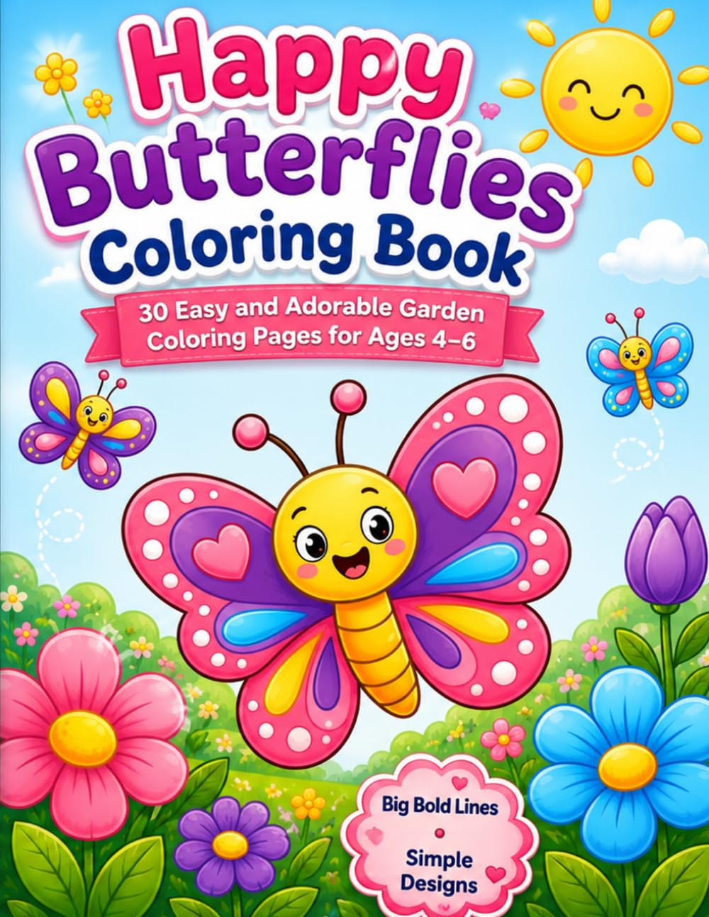 Happy Butterflies Coloring Book: 30 Easy and Adorable Garden Coloring Pages for Ages 4–6