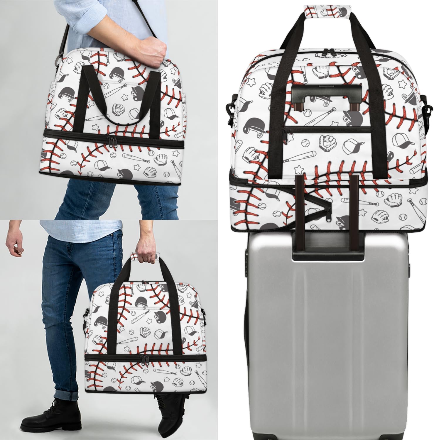 Baseball Foldable Travel Duffel Bag, Expandable Sports Gym Bag with Shoes Compartment Weekender Overnight Totes Bags for Women Men