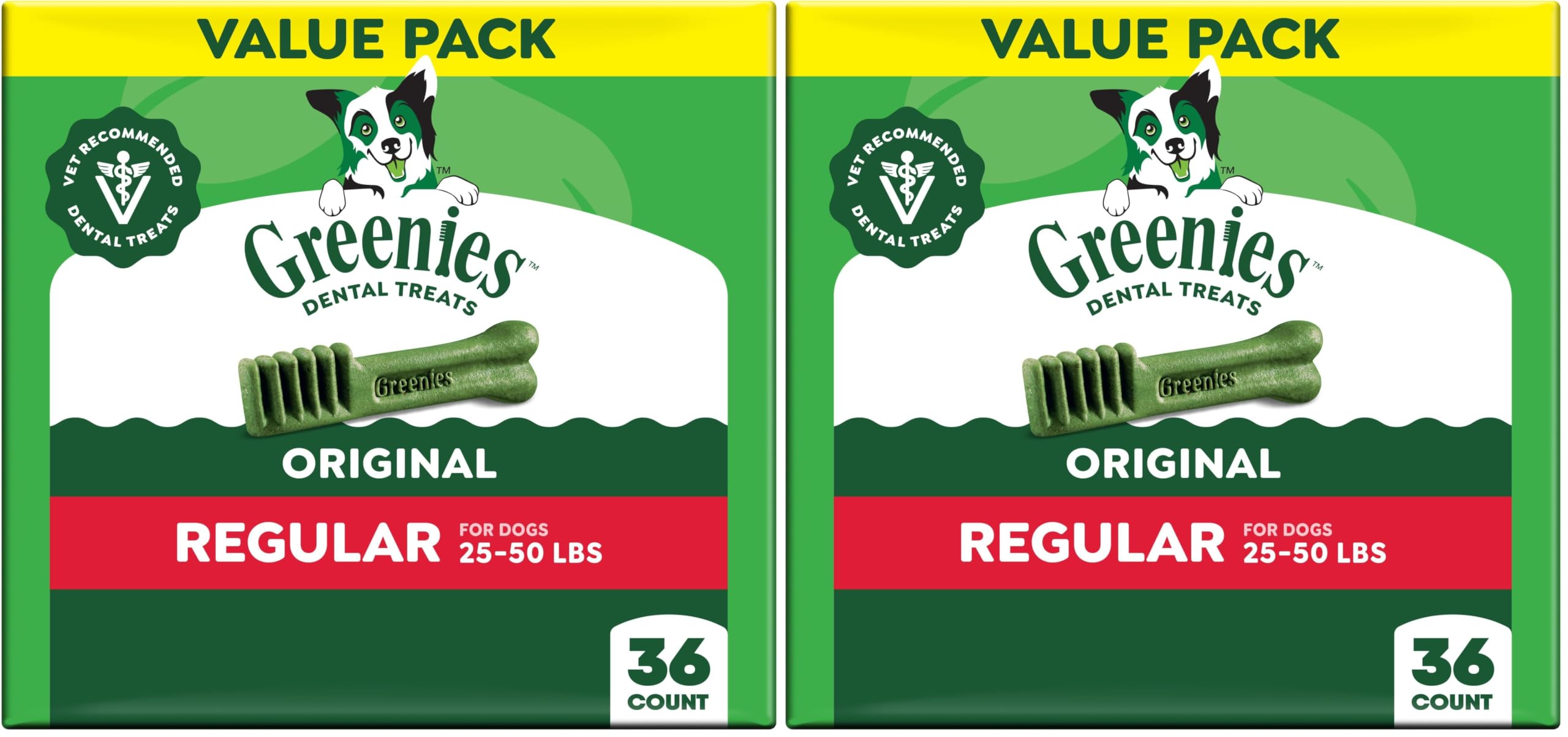 Greenies Veterinarian-Recommended Adult Natural Dental Dog Treats Regular Size, Dog Dental Chews, Original Flavor, 36 oz. Pack, 36 Count (Pack of 2)