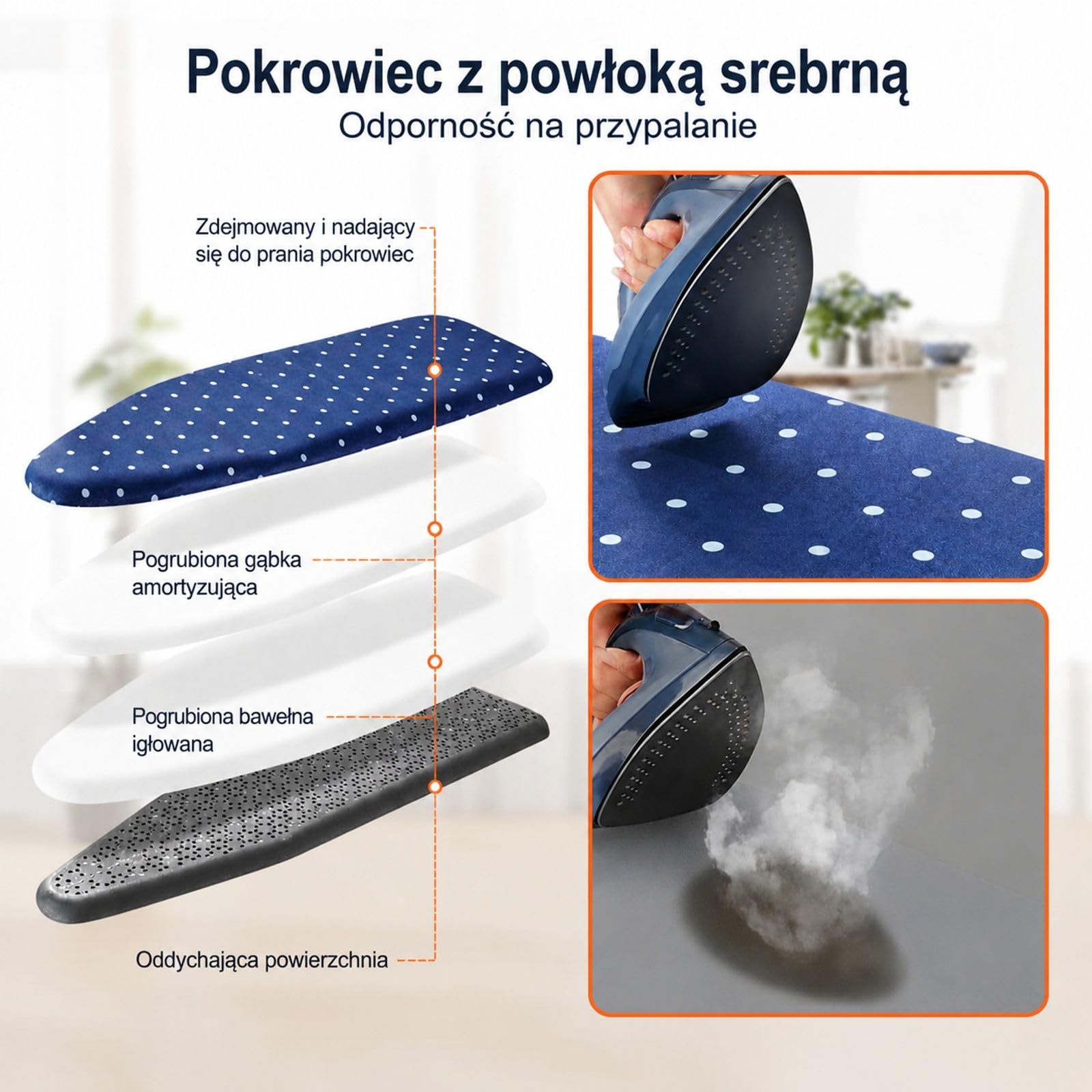 Składana deska do prasowania z podstawką na żelazko i półką, niebieski model z pokrowcem, regulowana wysokość, 4-warstwowa konstrukcja do domu i pralni