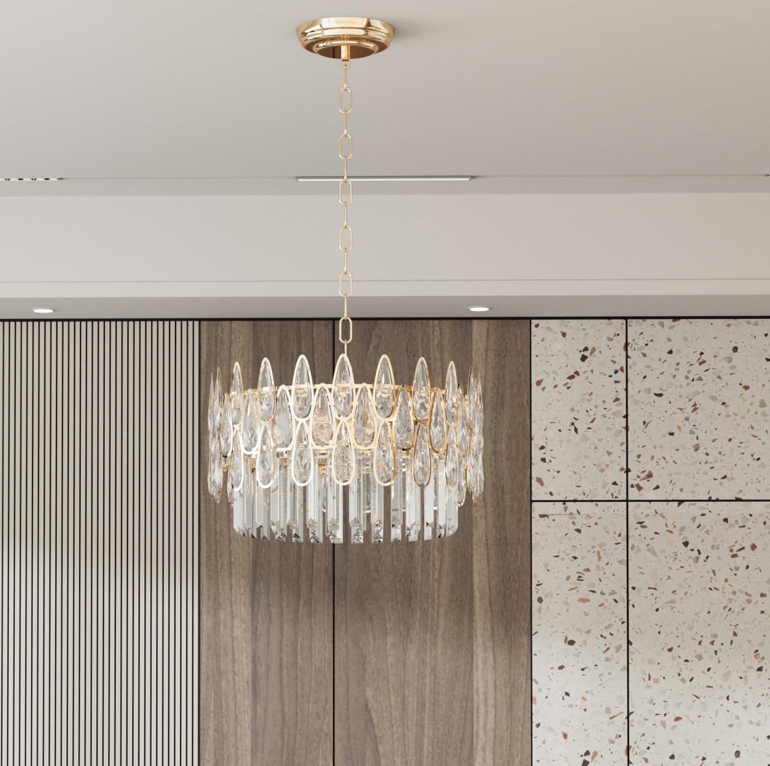 Wisfor Luxury LED Crystal Chandelier: 40CM Round Ceiling Pendent Lamp - Height Adjustable Classic Decor Ceiling Light for Living Room, Dining Room, Open Kitchen, Hallway, Bedroom