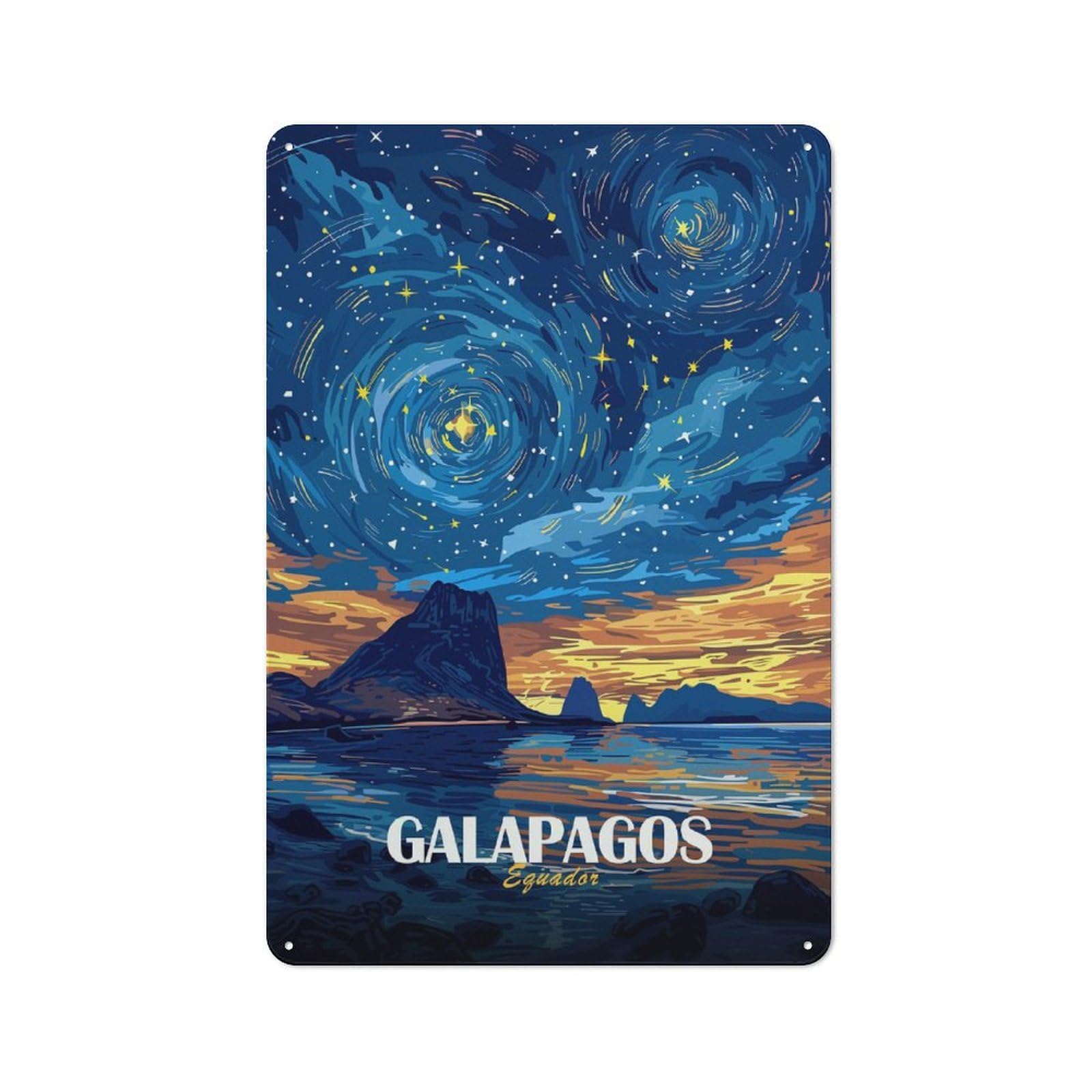 Junmoney Style-9 Vintage Galapagos Ecuador Starry Night Landscape Vintage Metal Sign 30X20cm, Restaurant Wall Art For Takeaway, Bar, Kitchen Or Counter Area