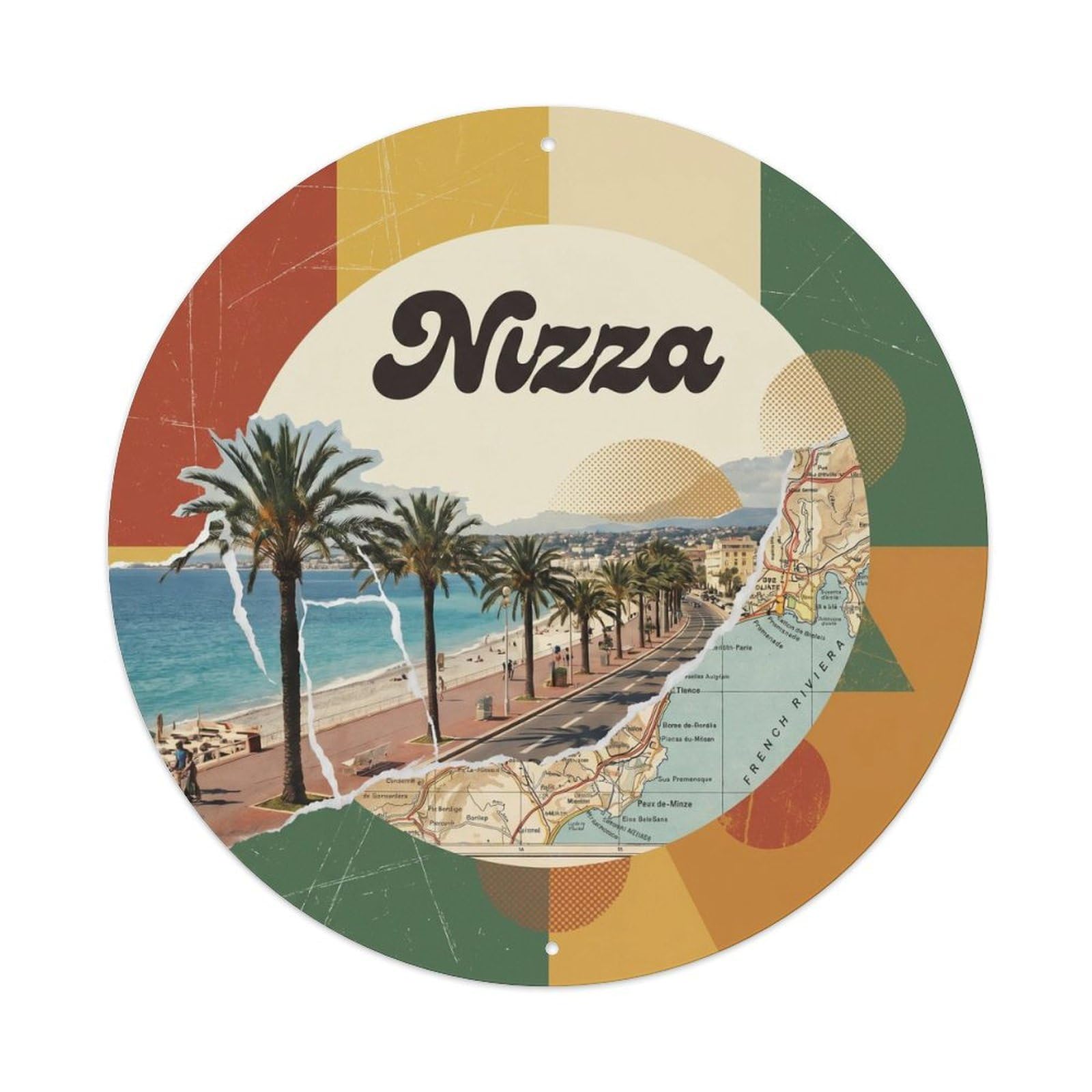 Nizza French Riviera Mixed Modern Coastline Travel Map Metal Tin Sign Plaque Wall Decor for Cafe, Man Cave, Club Bar, Office, Home Garden Round Metal Poster 8x8Inch