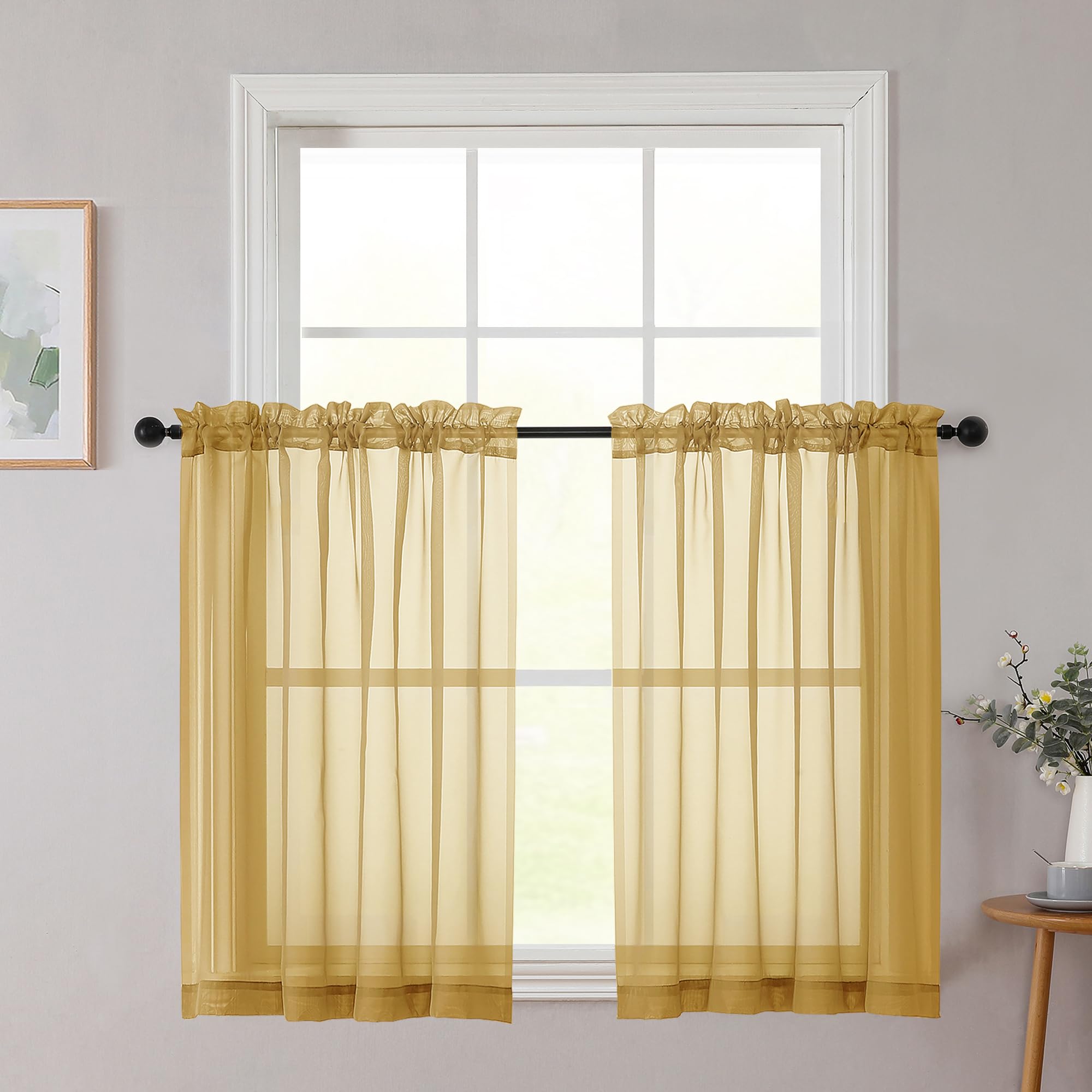 Chyhomenyc Gold Sheer Curtains 30 inch Length 2 Panels, Light Filtering Voile Rod Pocket Short Window Curtians for Bathroom Living Room Farmhouse Small Windows, 42Wx30L inches