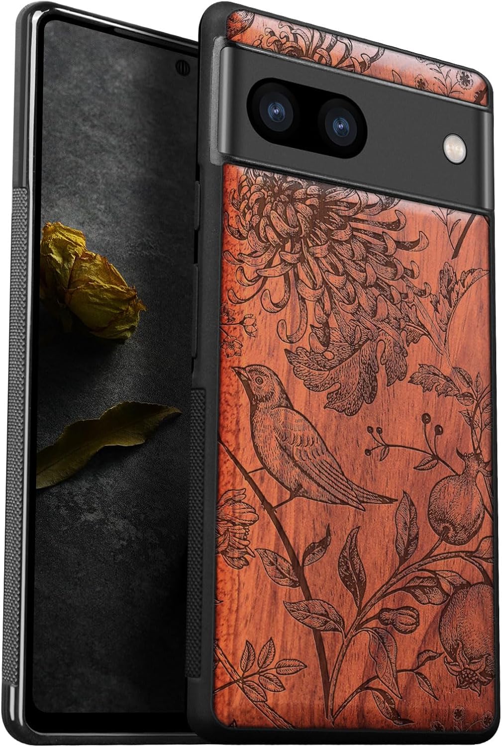 Carveit Wood Case for Pixel 8 Case [Natural Wood & Black Soft TPU] Shockproof Protective Unique Wooden Cover Compatible with Google Pixel 8 (Chrysanthemum-Rosy)