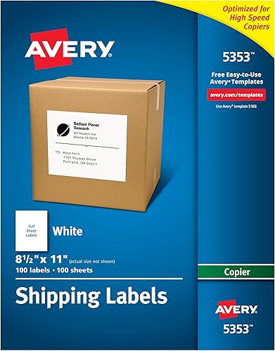 Avery Etiquetas de envío imprimibles para copiadoras, 8.5 x 11 pulgadas, blancas, 100 etiquetas de correo en blanco (5353)