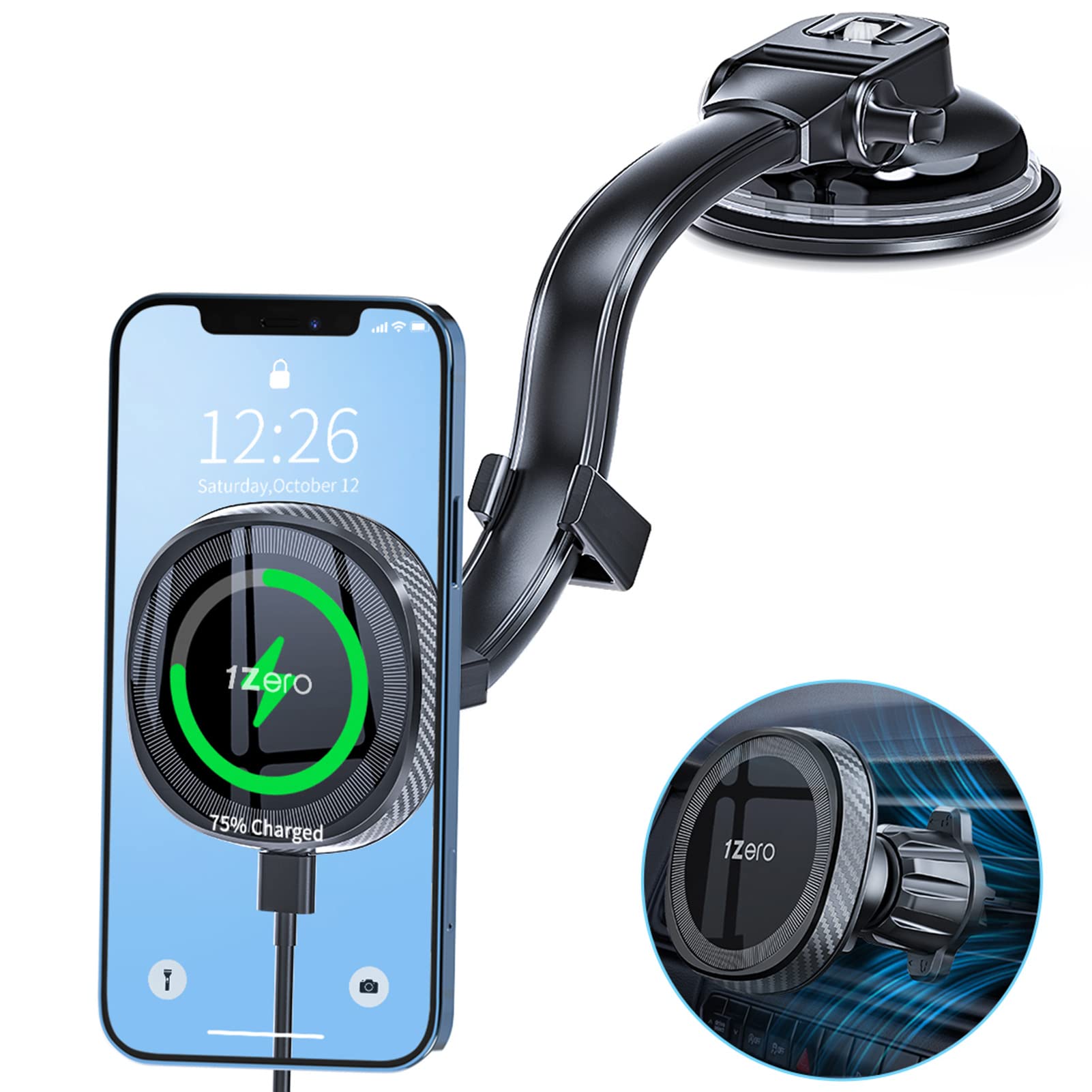1Zero Magnetic Wireless  Car   Charger  with Cooling Fan, Fast Charging  Magsafe   Car   Mount   Charger  for Dash Vent Windshield, Compatible with iPhone 14/13/12 Series/ Magsafe  Case [with QC 3.0 Adapter]