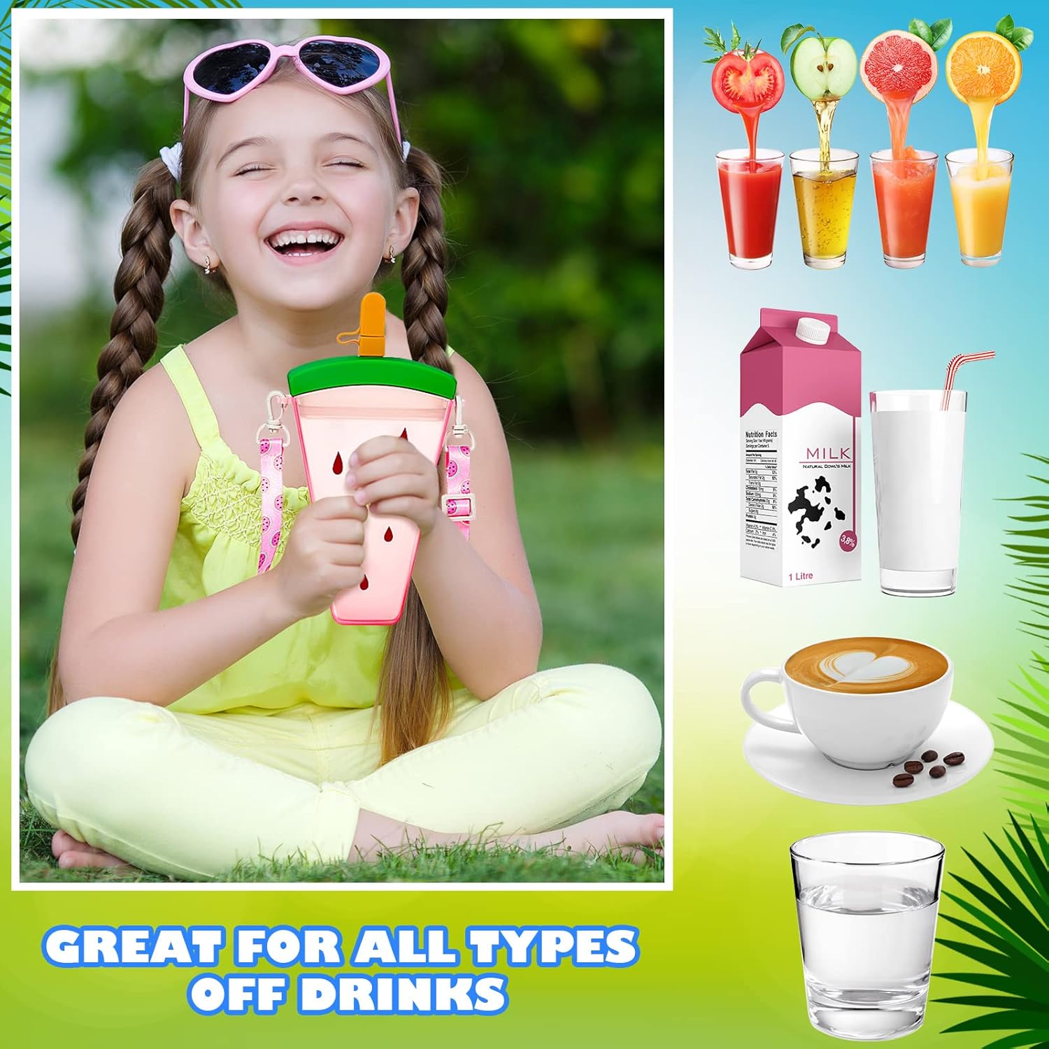 3 Pieces Cute Water Bottles with Straws Creative Kawaii Camera Shaped Ice Cream Bar Watermelon Adjustable Strap Plastic Water Bottle for Travel School Sport Kids (Fresh Style, Red, Pink, Blue) - Image 5